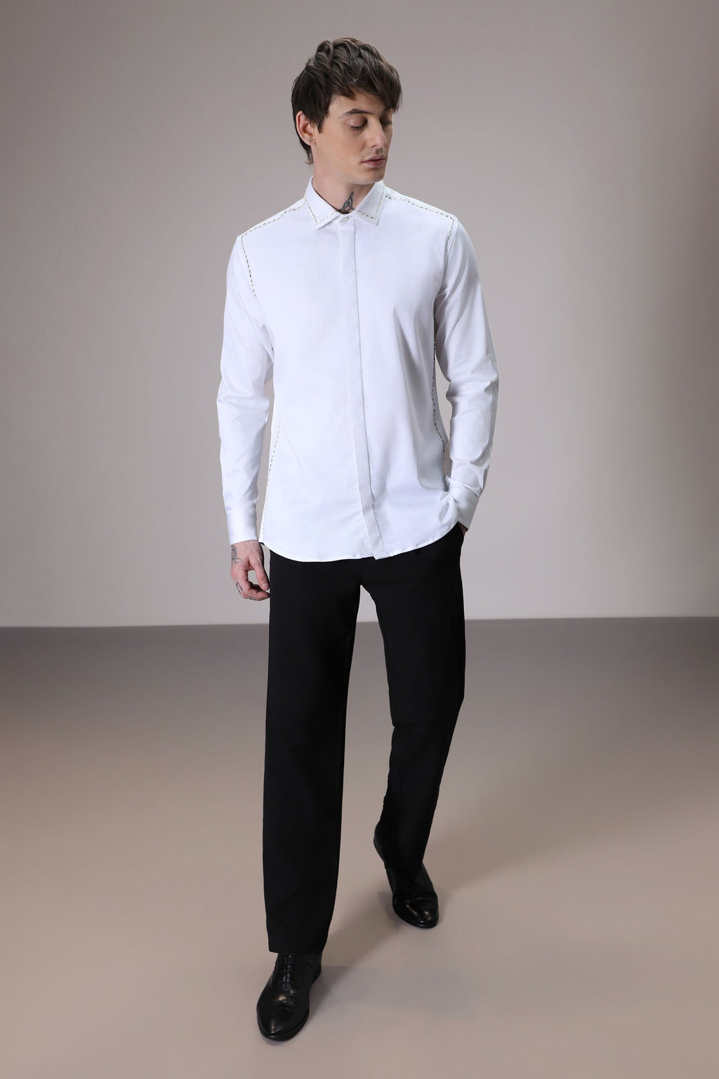 Shoulder Line hand embroidered designer shirt - White
