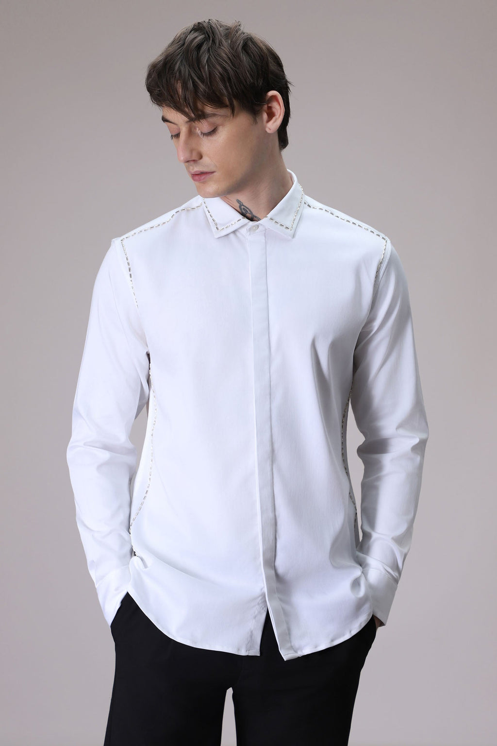 Shoulder Line hand embroidered designer shirt - White