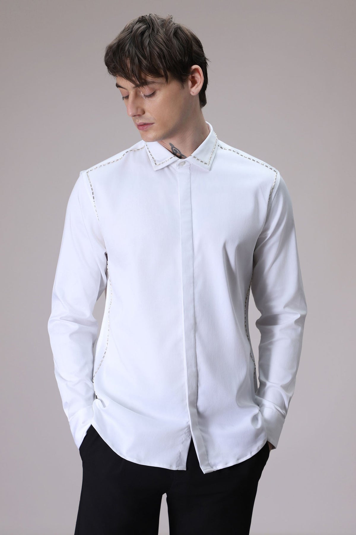Shoulder Line hand embroidered designer shirt - White