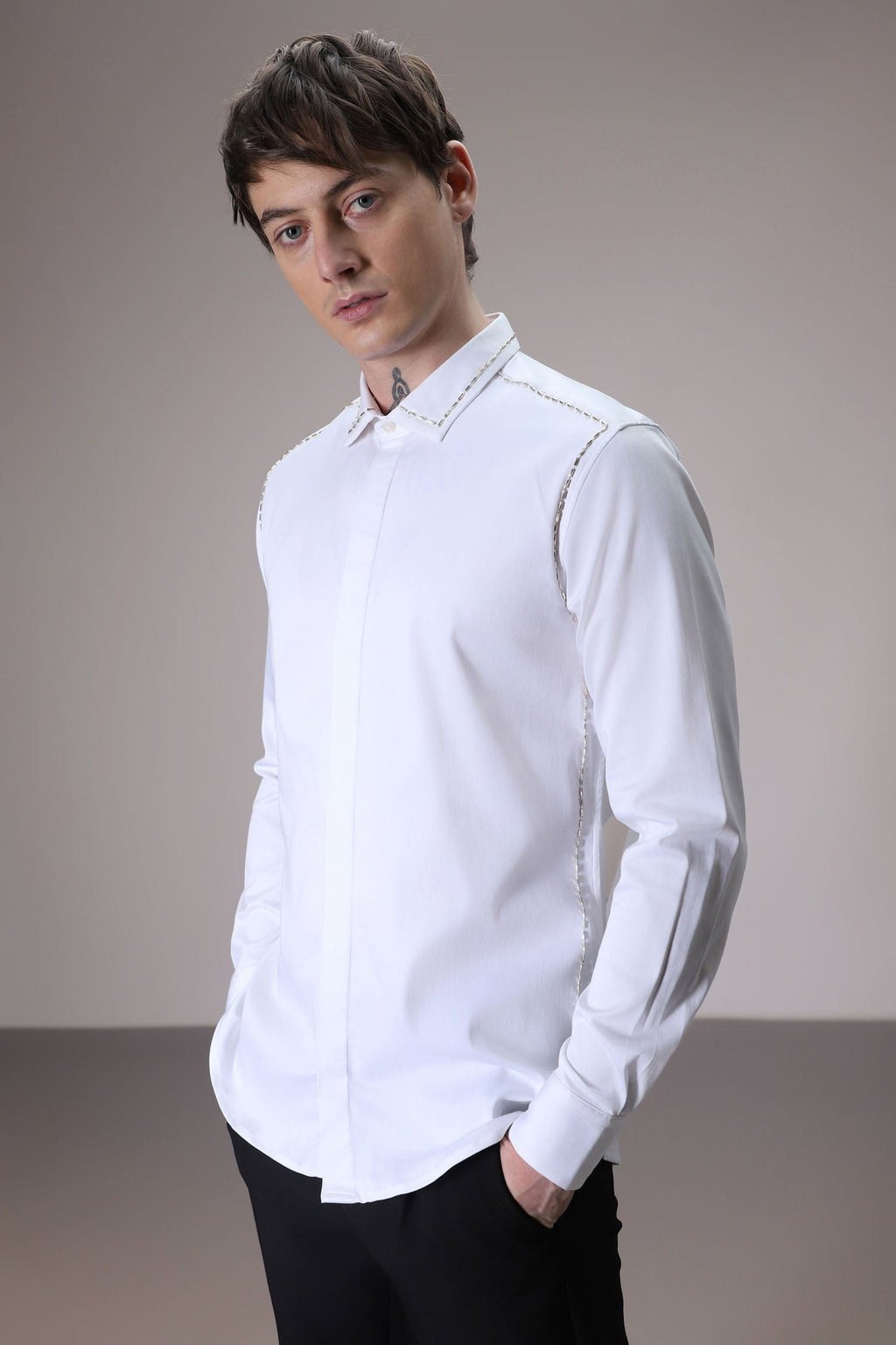 Shoulder Line hand embroidered designer shirt - White