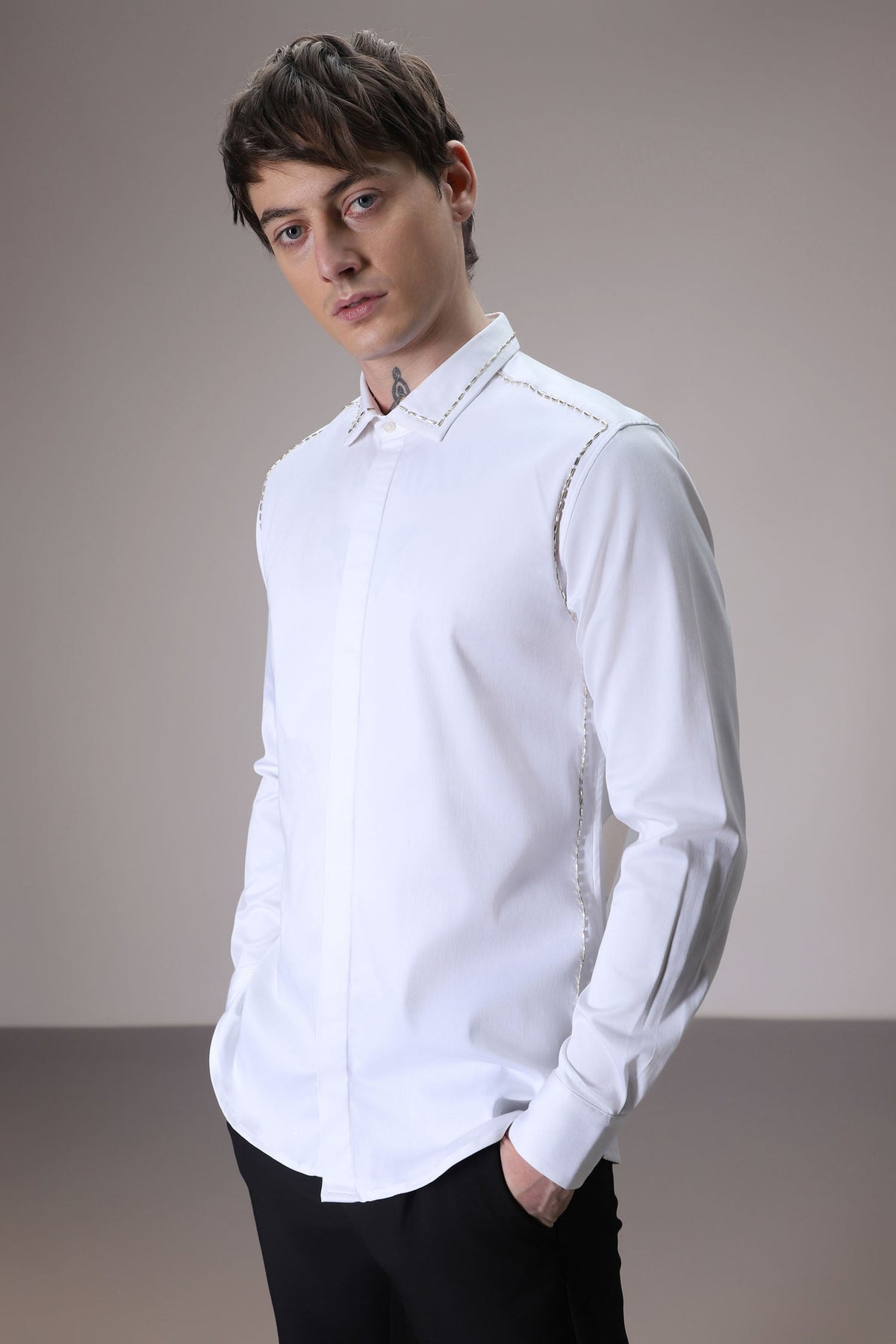 Shoulder Line hand embroidered designer shirt - White