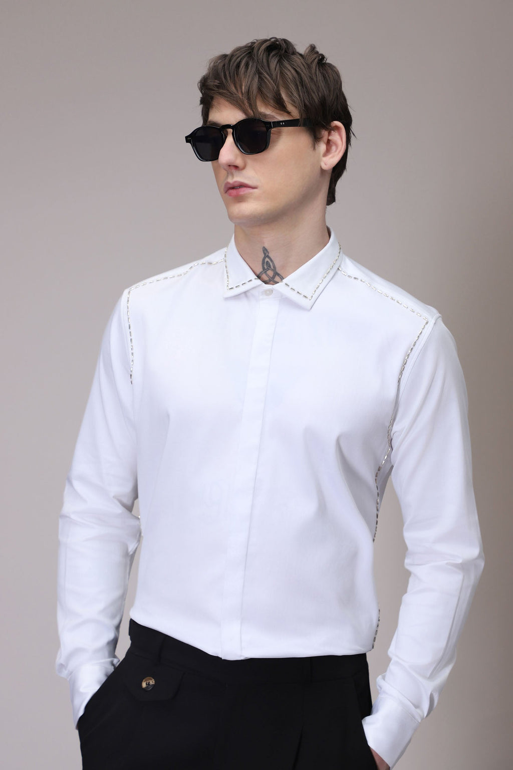 Shoulder Line hand embroidered designer shirt - White