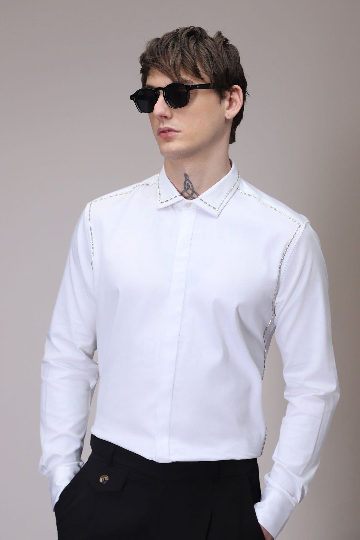 Shoulder Line hand embroidered designer shirt - White