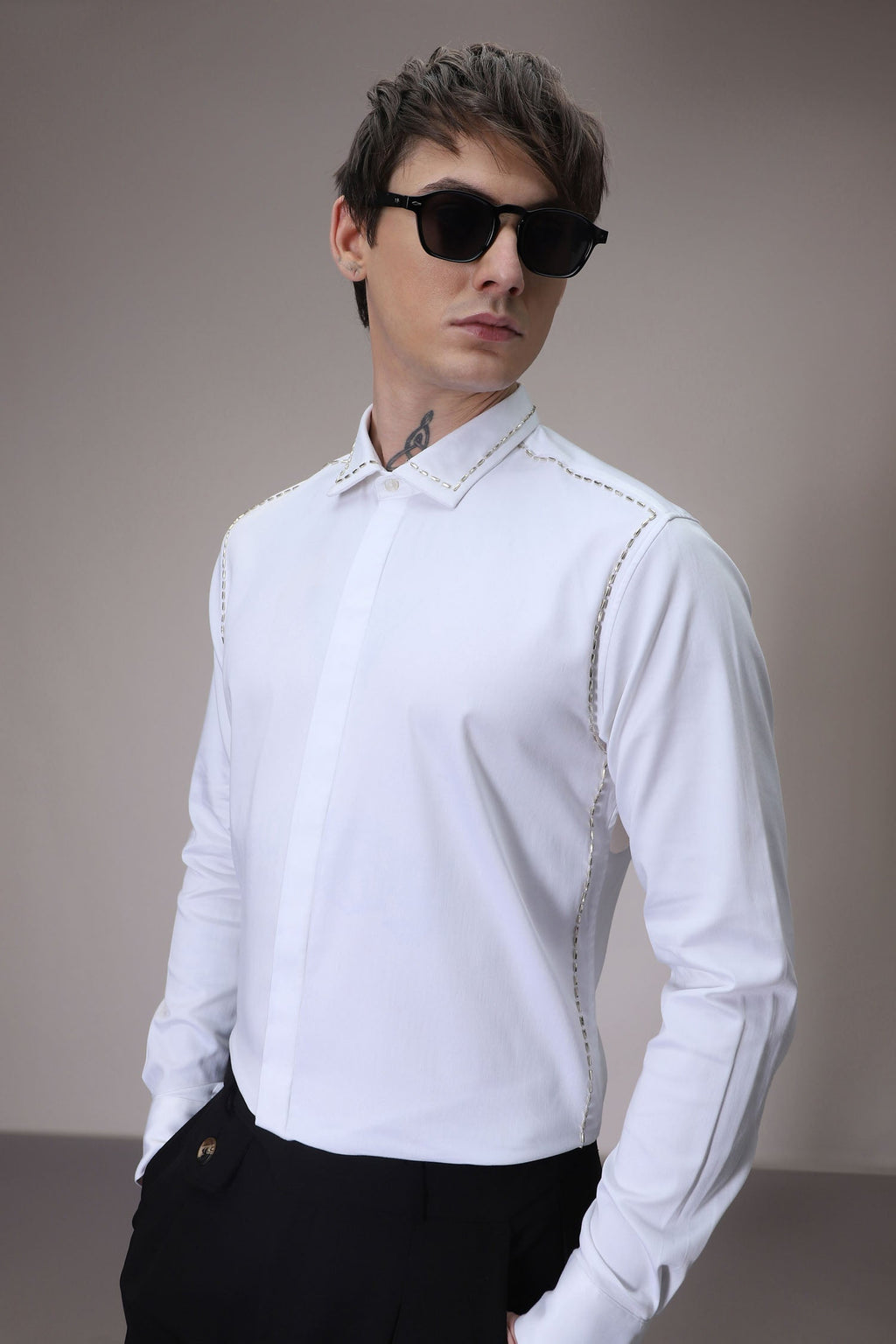 Shoulder Line hand embroidered designer shirt - White