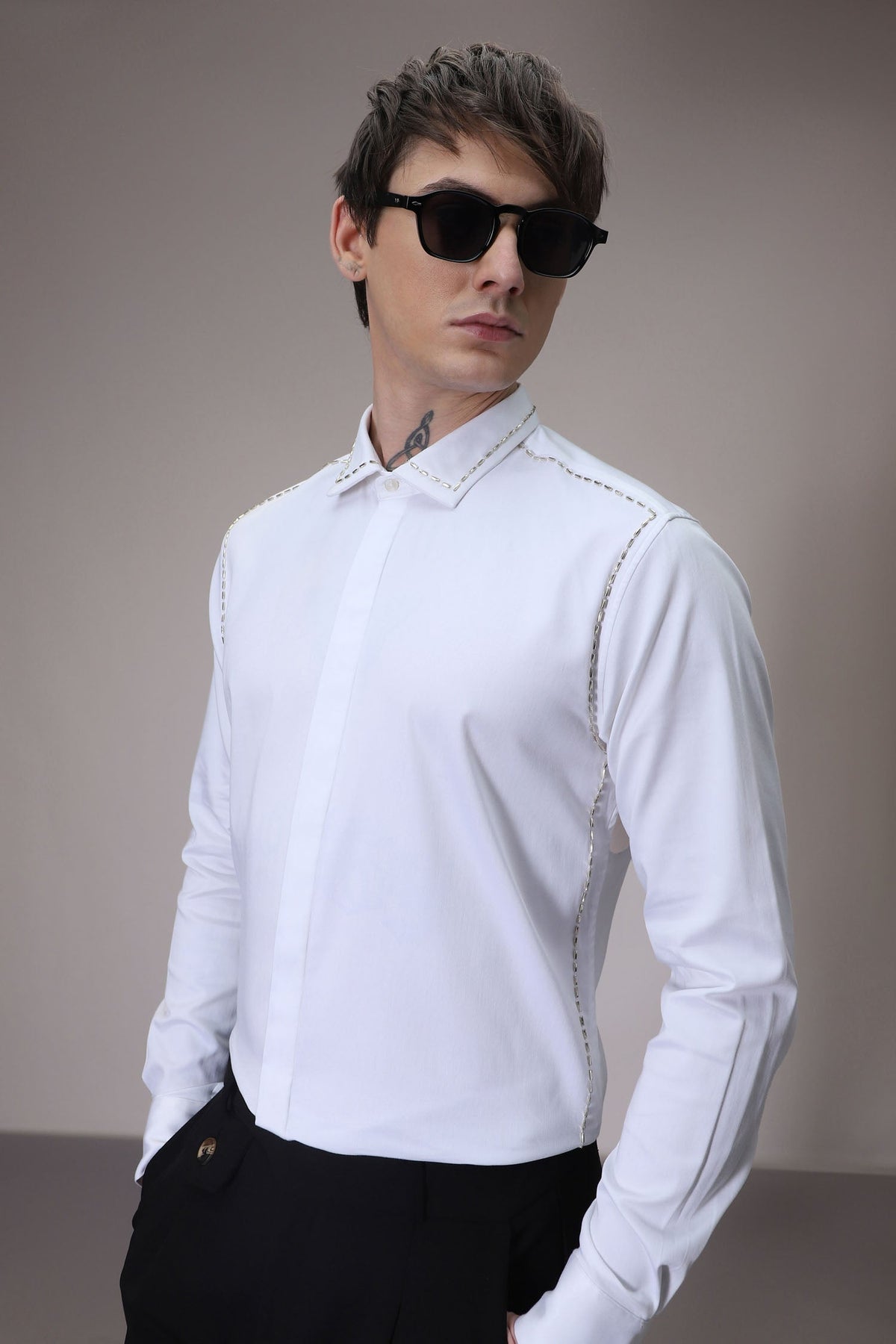 Shoulder Line hand embroidered designer shirt - White