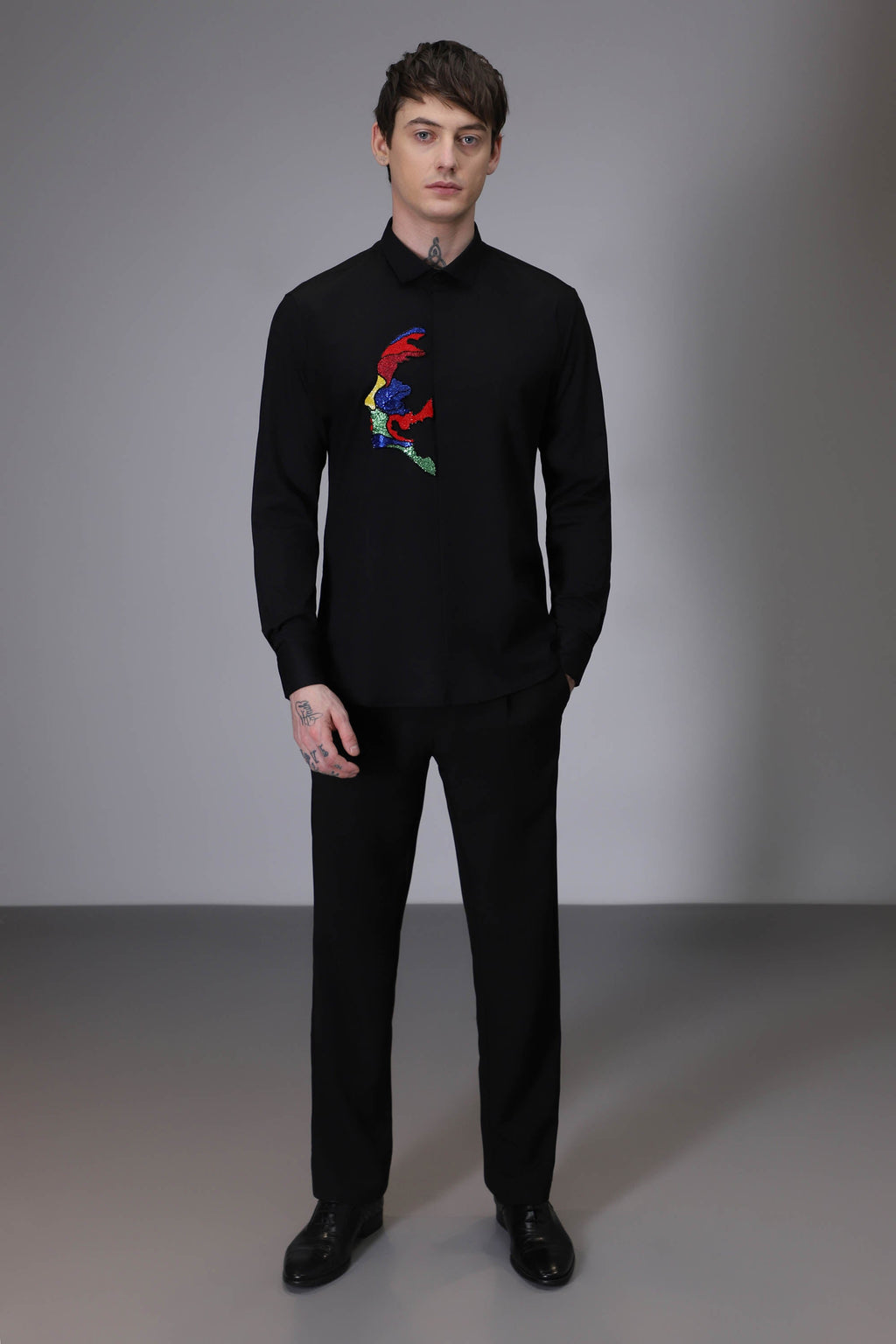 Abstract Face hand embroidered designer shirt - Black