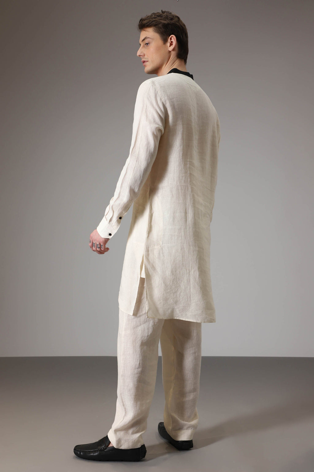 Ivory with black linen designer kurta