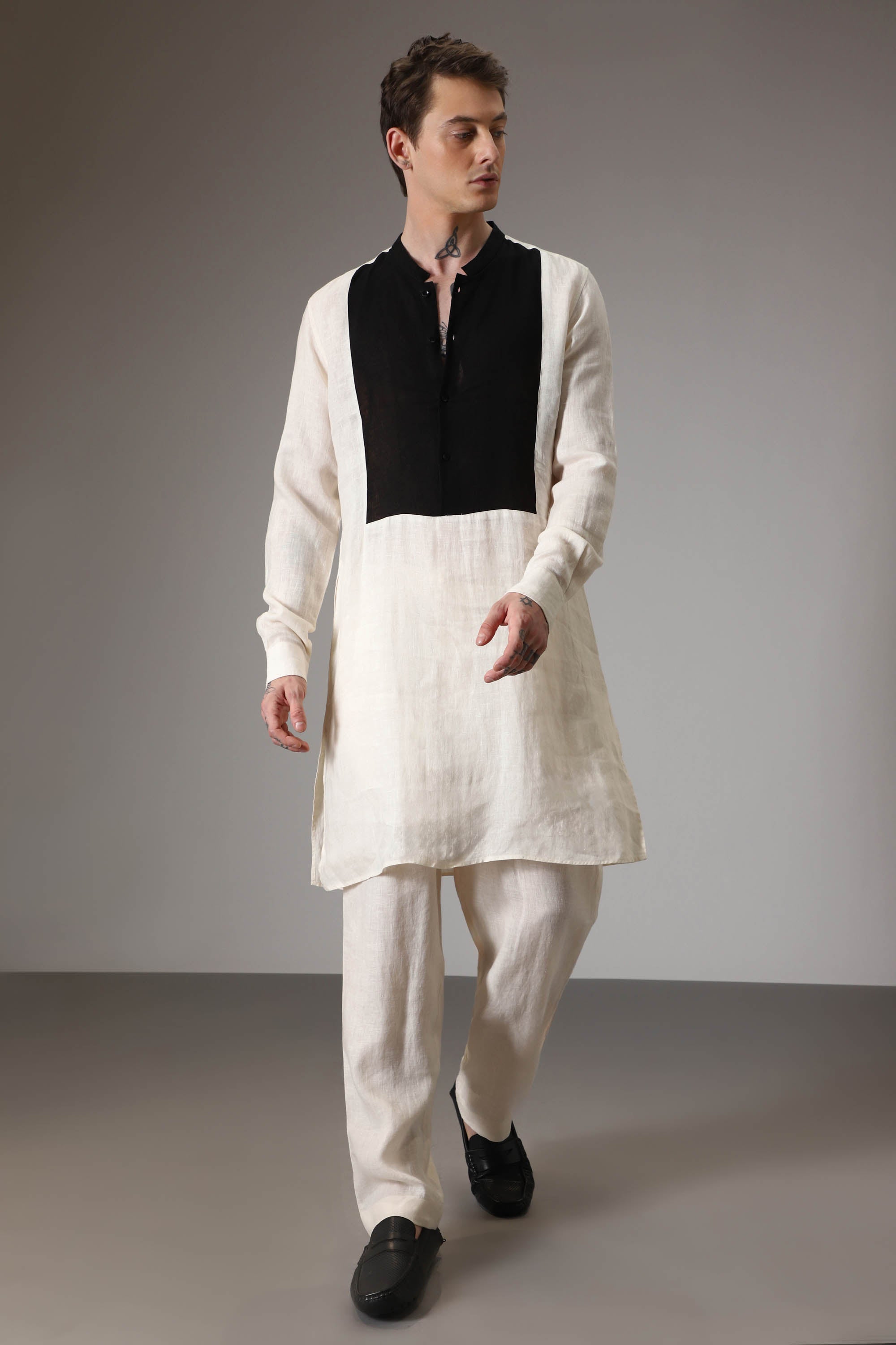 Ivory with black linen designer kurta