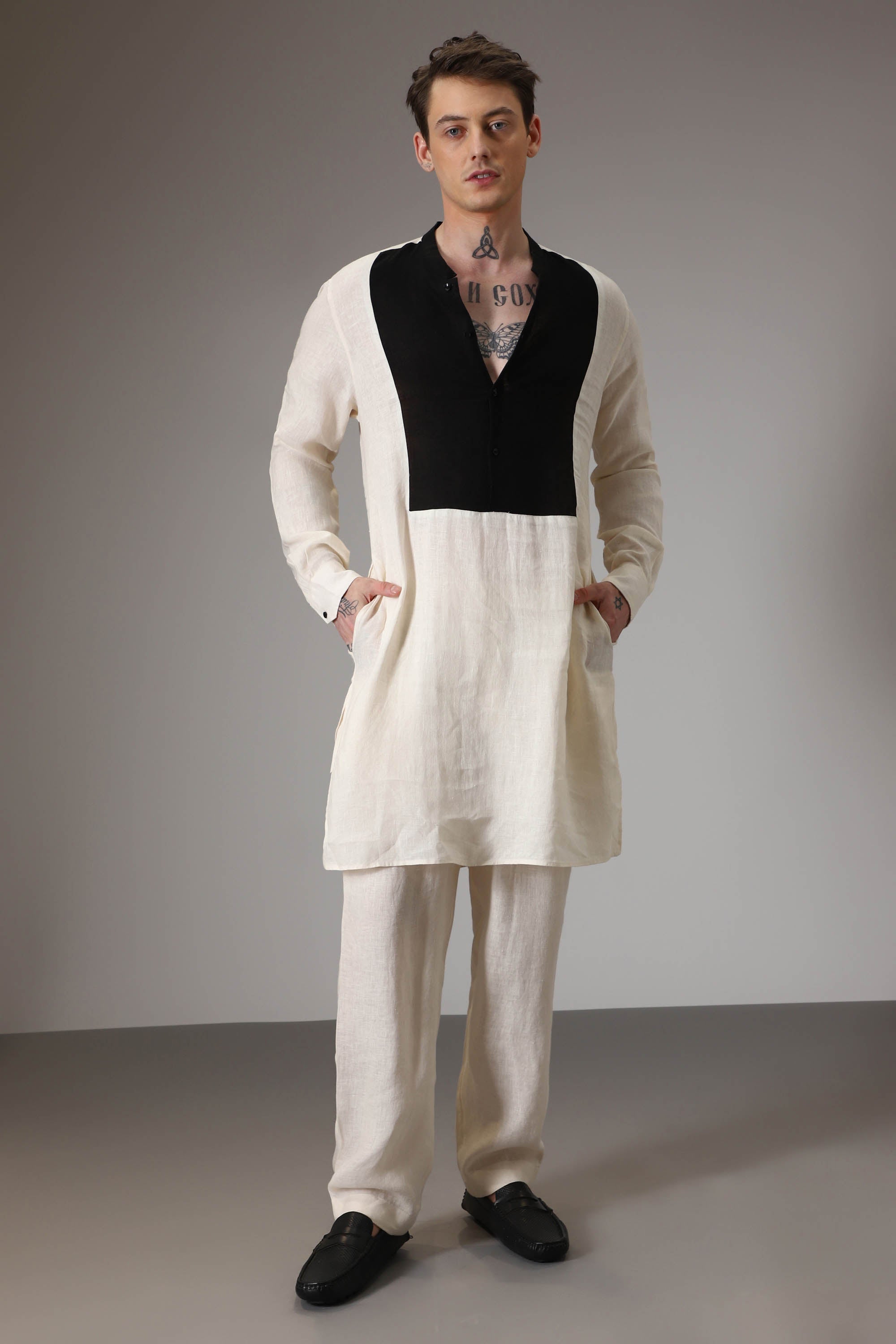 Ivory with black linen designer kurta