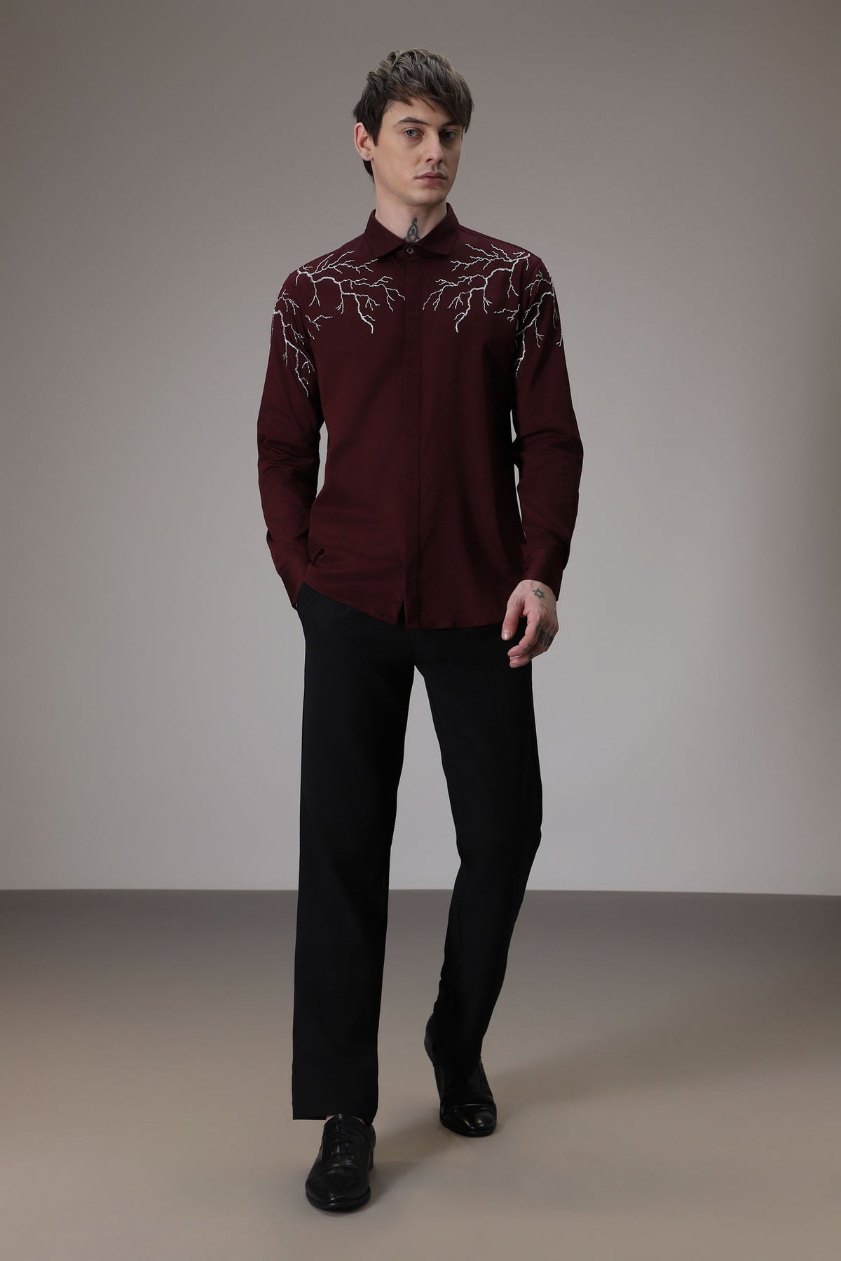Lightening hand embroidered designer shirt - wine