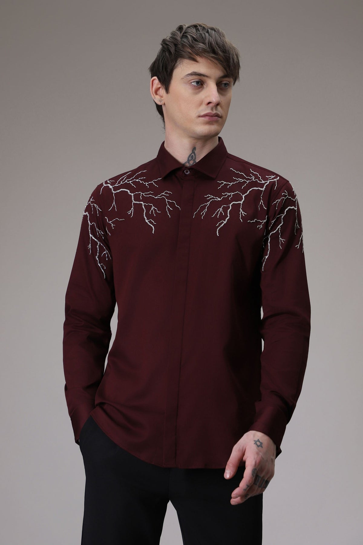 Lightening hand embroidered designer shirt - wine