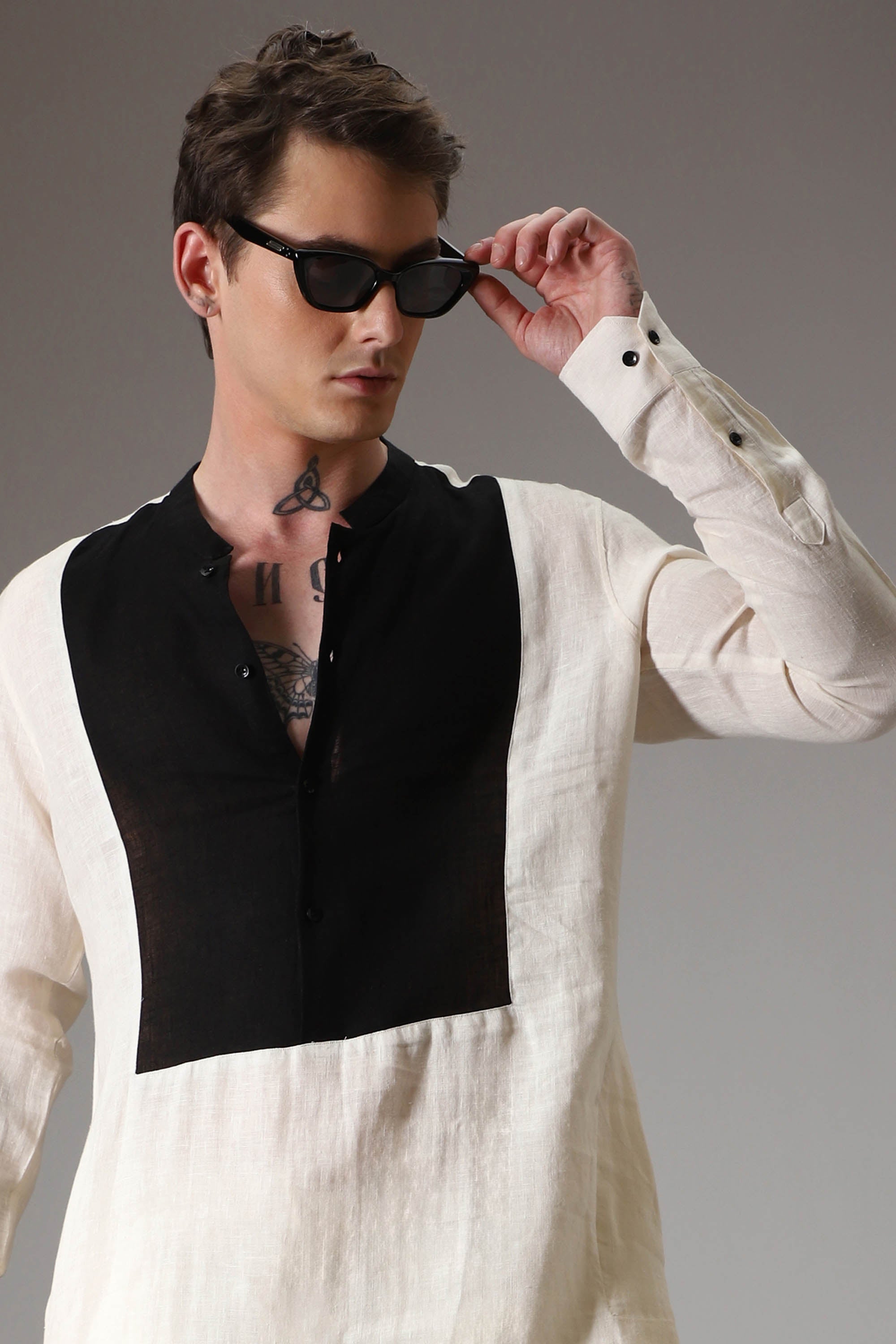 Ivory with black linen designer kurta