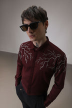 Lightening hand embroidered designer shirt - wine