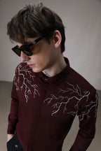 Lightening hand embroidered designer shirt - wine