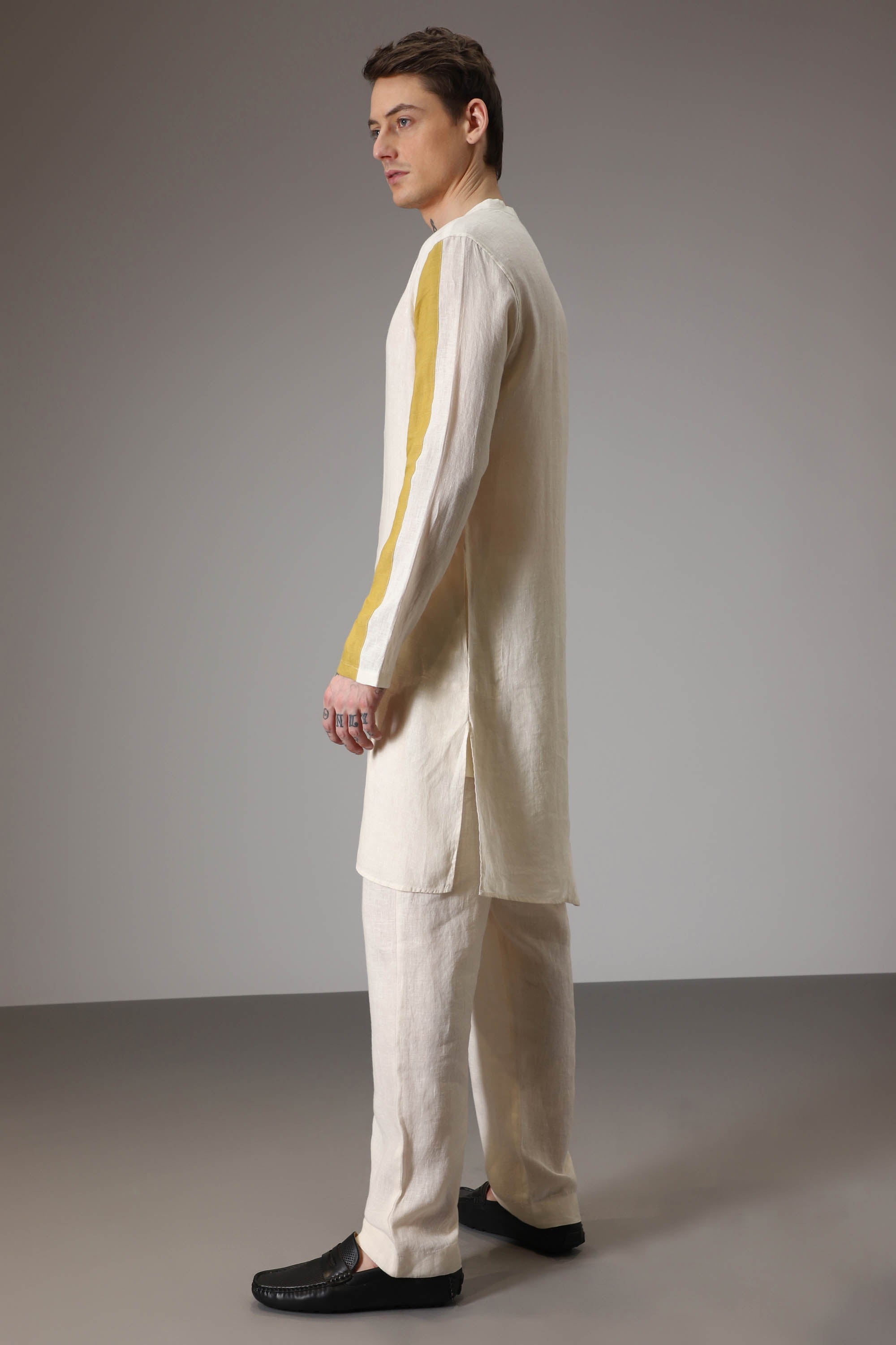 Black mustard and ivory linen designer kurta