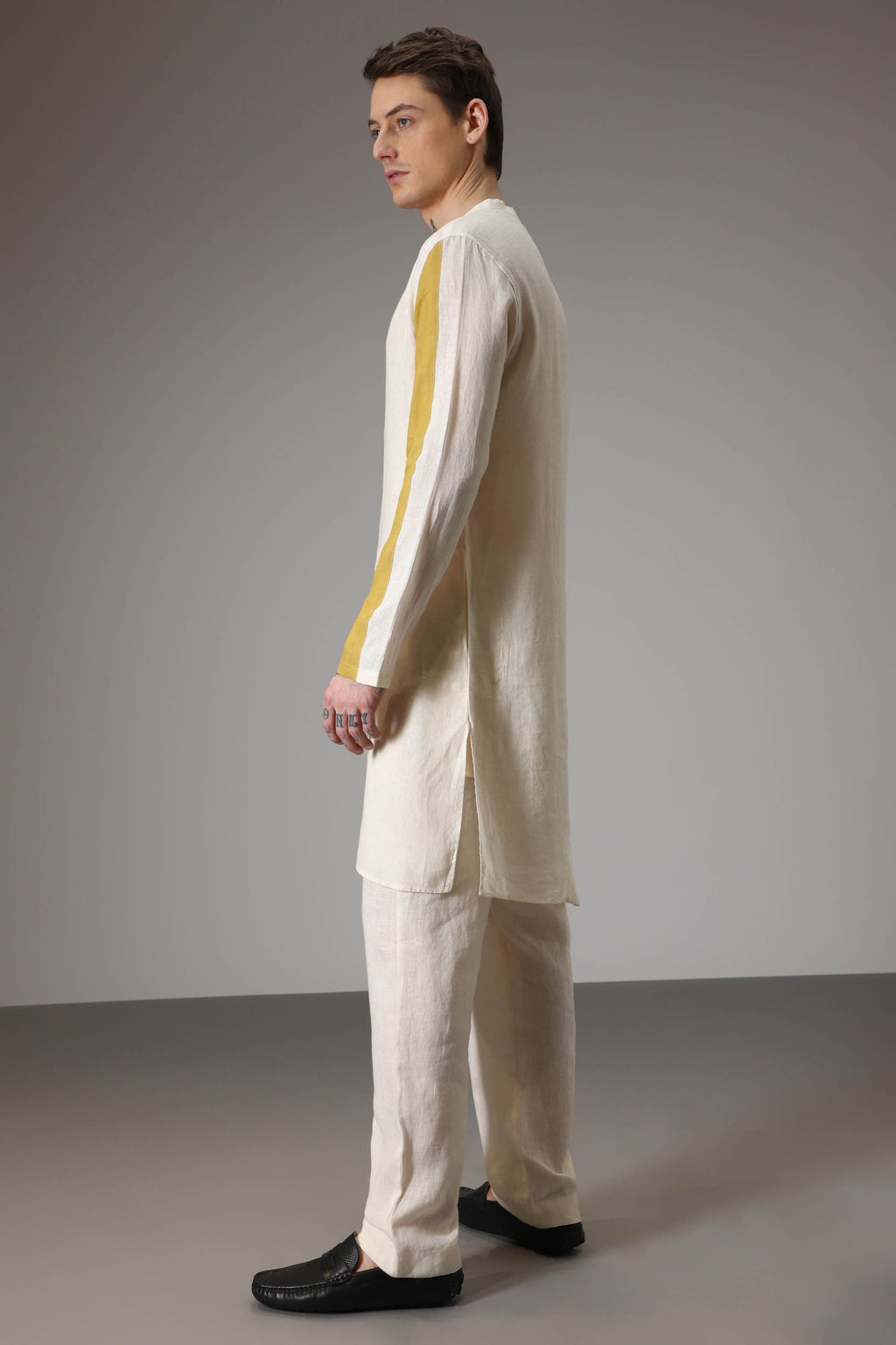 Black mustard and ivory linen designer kurta