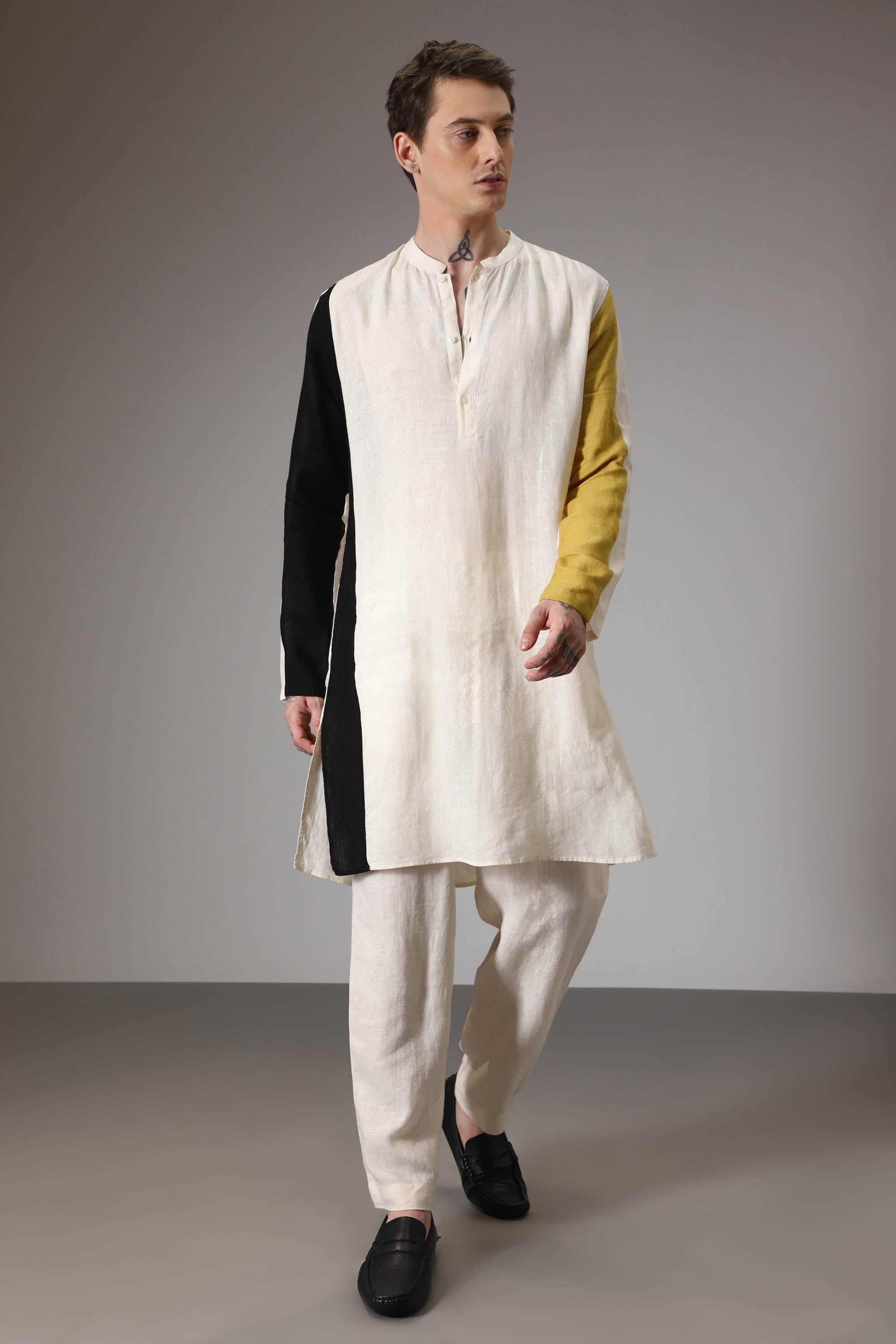 Black mustard and ivory linen designer kurta