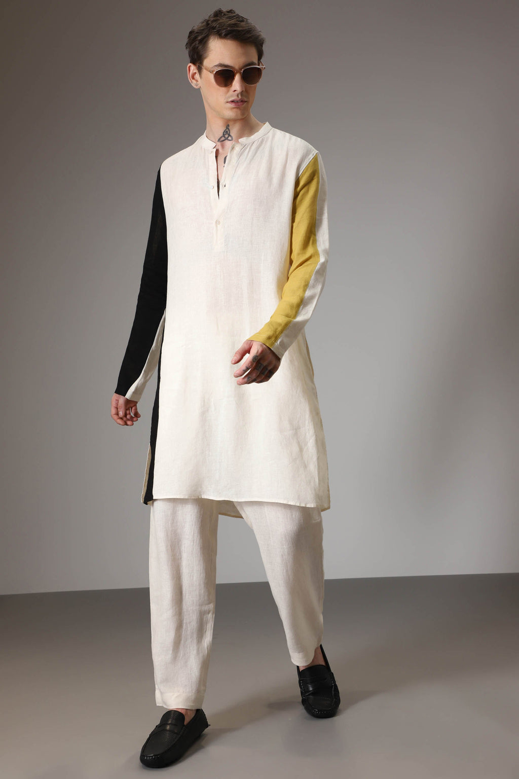 Black mustard and ivory linen designer kurta
