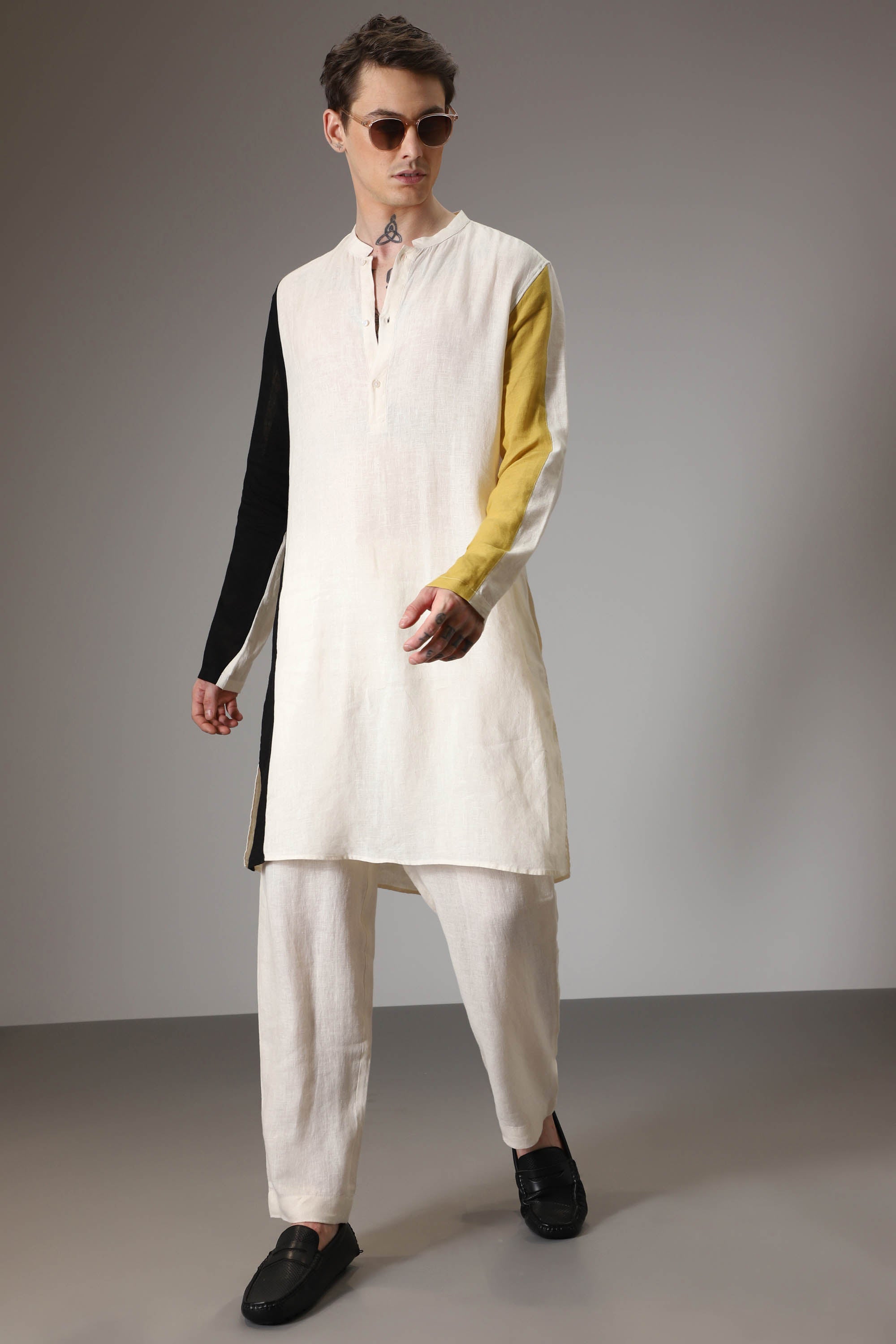 Black mustard and ivory linen designer kurta