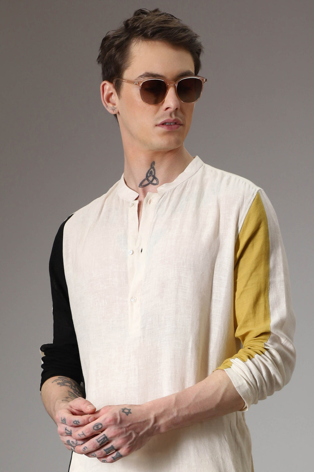 Black mustard and ivory linen designer kurta