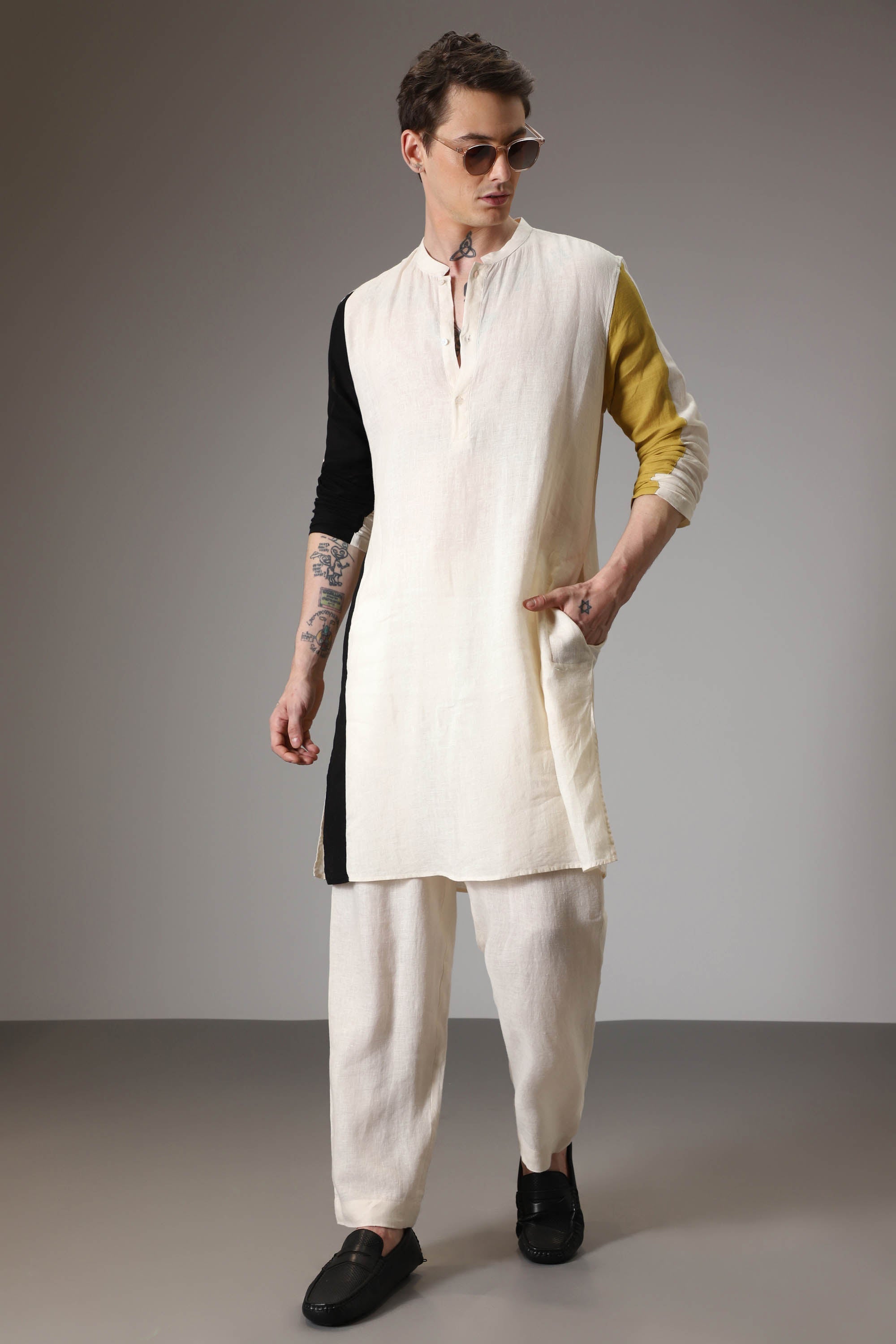 Black mustard and ivory linen designer kurta