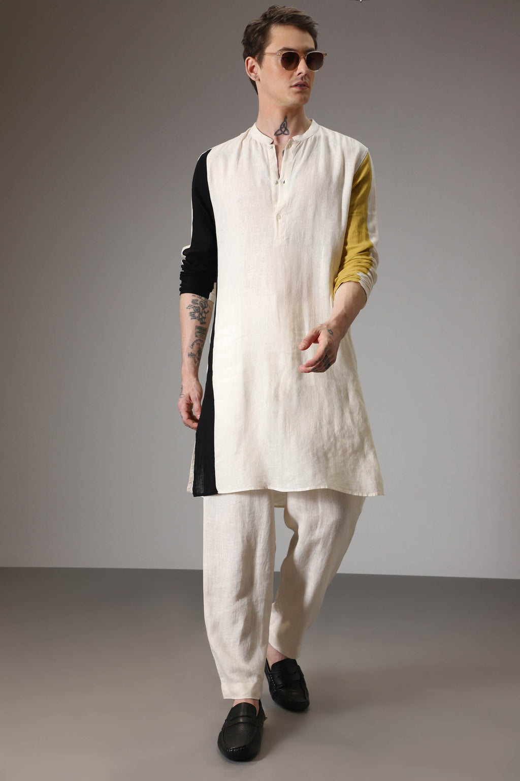 Black mustard and ivory linen designer kurta