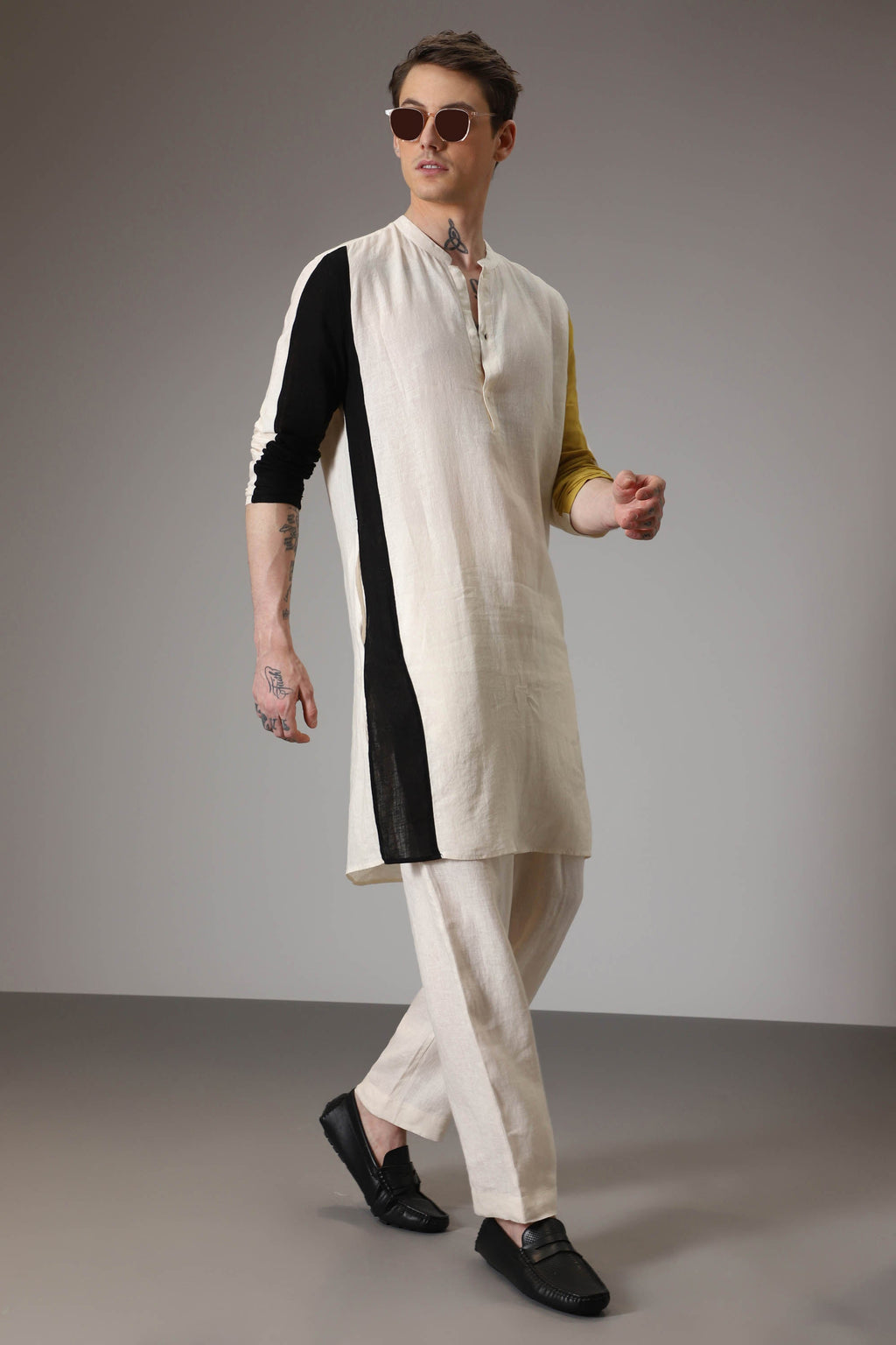 Black mustard and ivory linen designer kurta