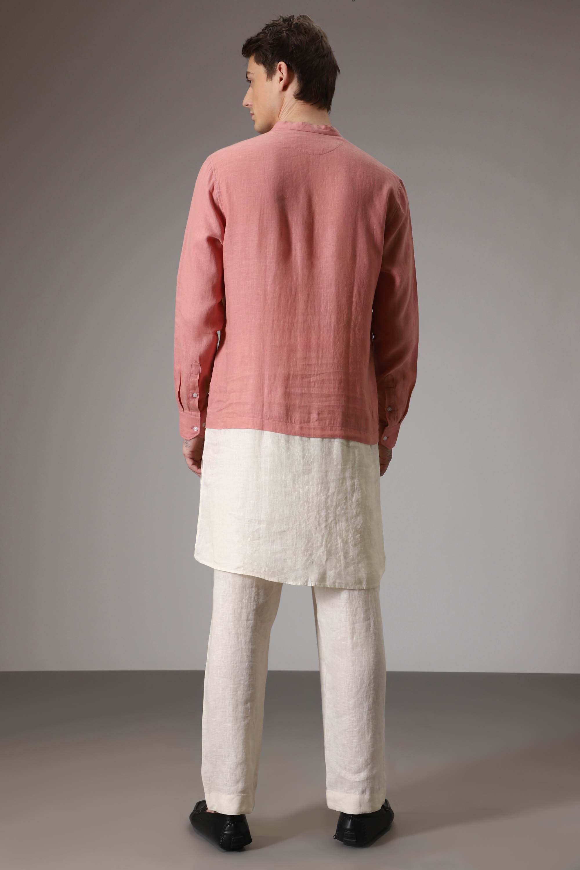 Salmon pink and ivory designer linen kurta