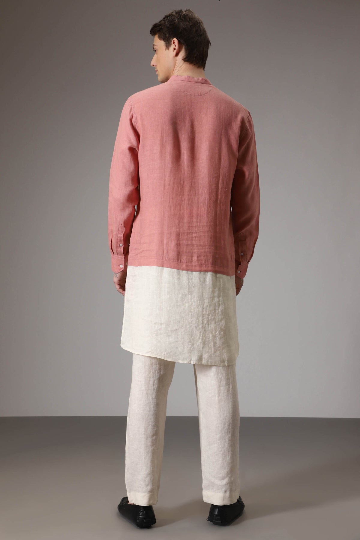 Salmon pink and ivory designer linen kurta