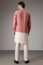 Salmon pink and ivory designer linen kurta