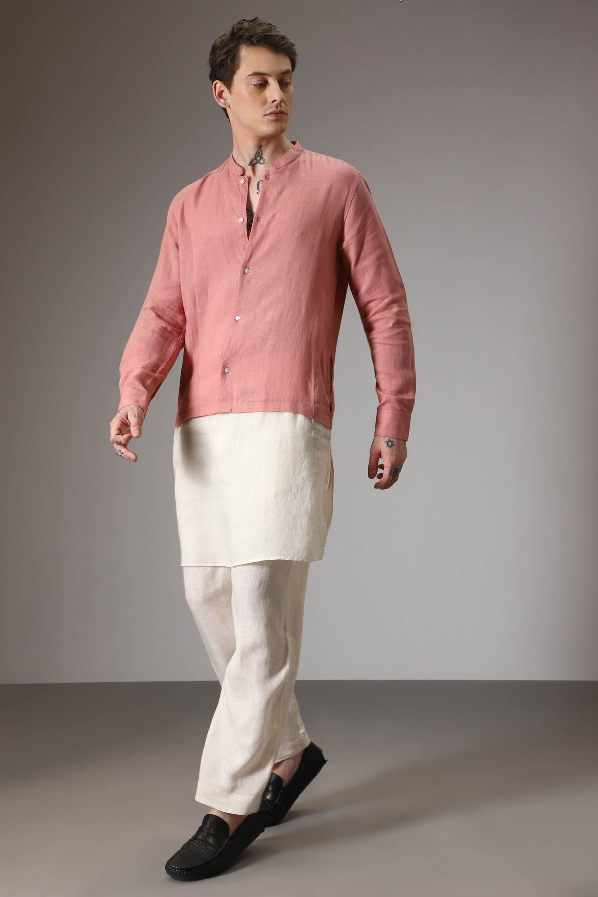 Salmon pink and ivory designer linen kurta