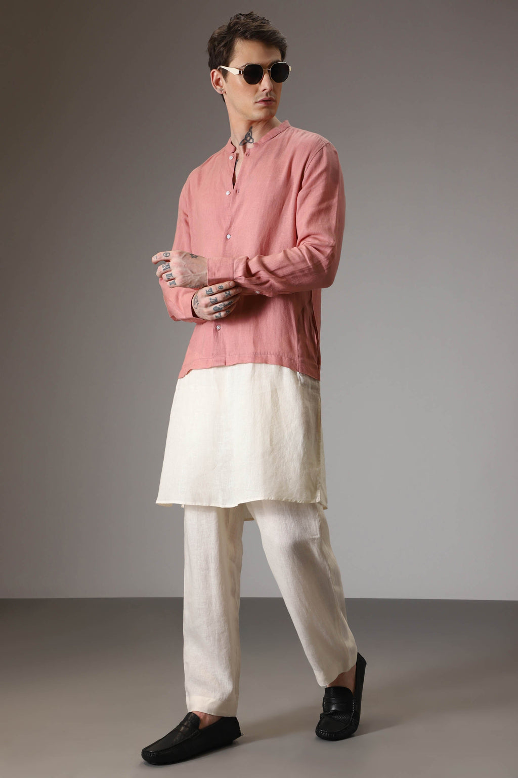 Salmon pink and ivory designer linen kurta