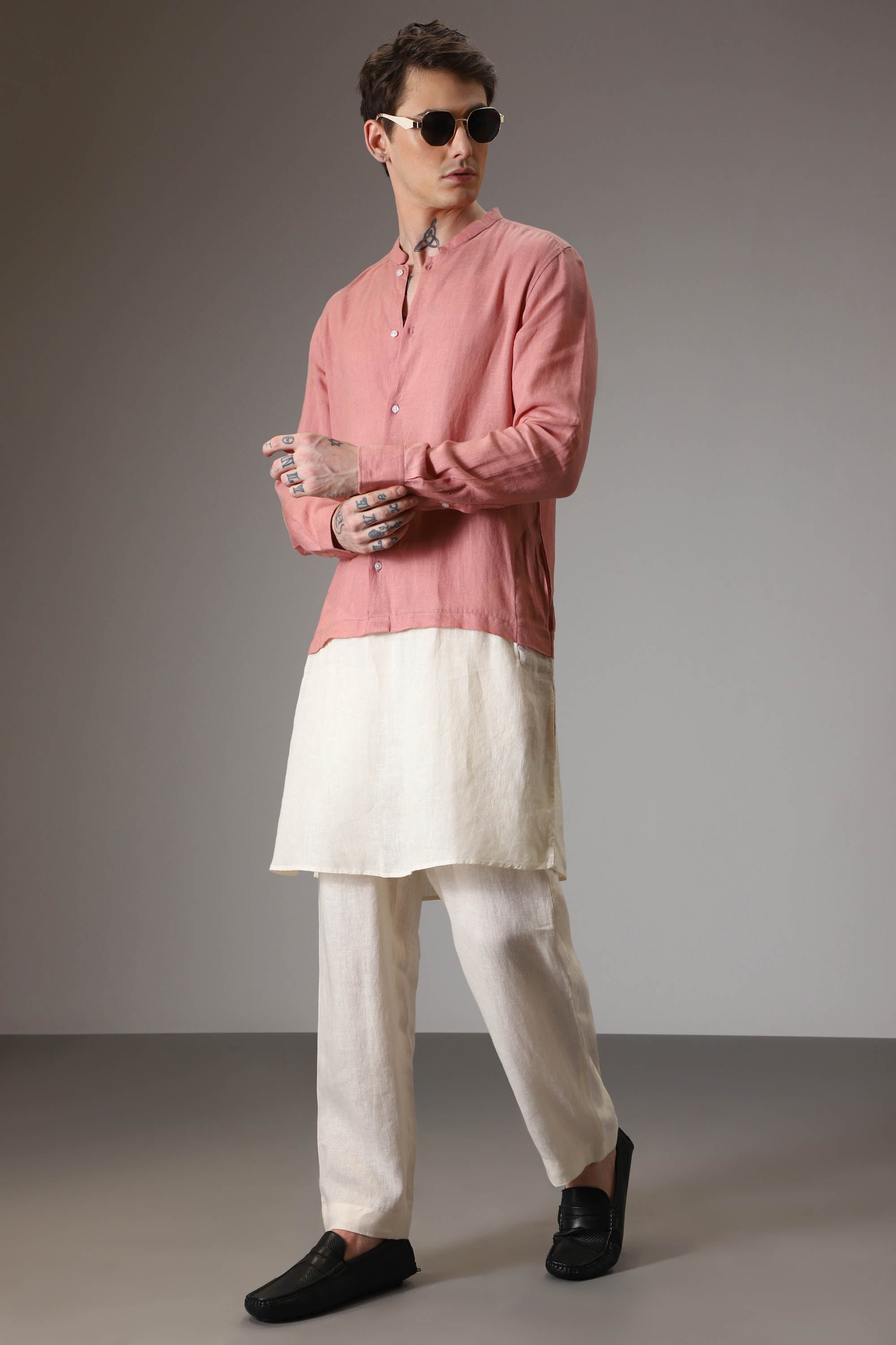 Salmon pink and ivory designer linen kurta