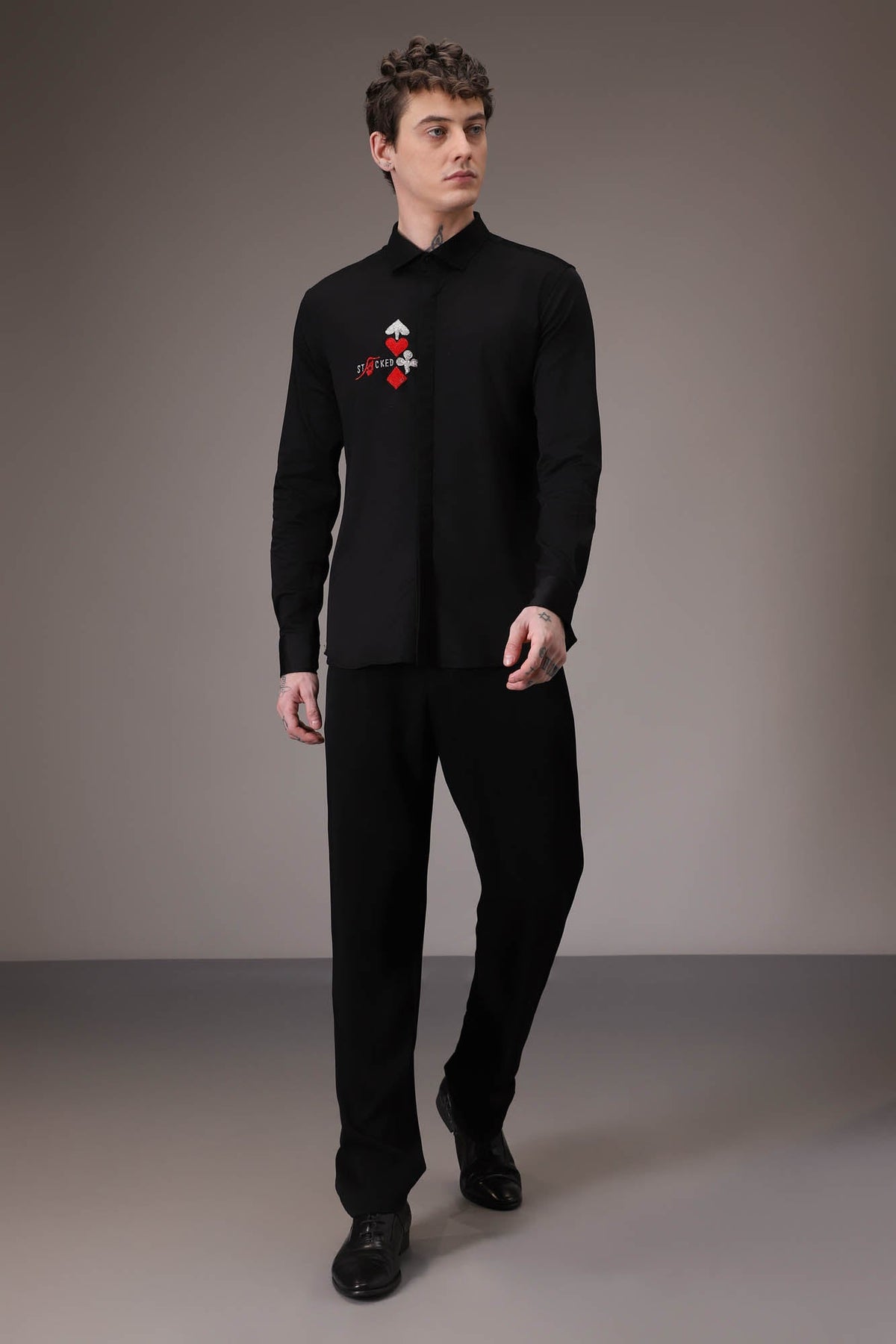 Stacked Deck hand embroidered designer shirt - Black