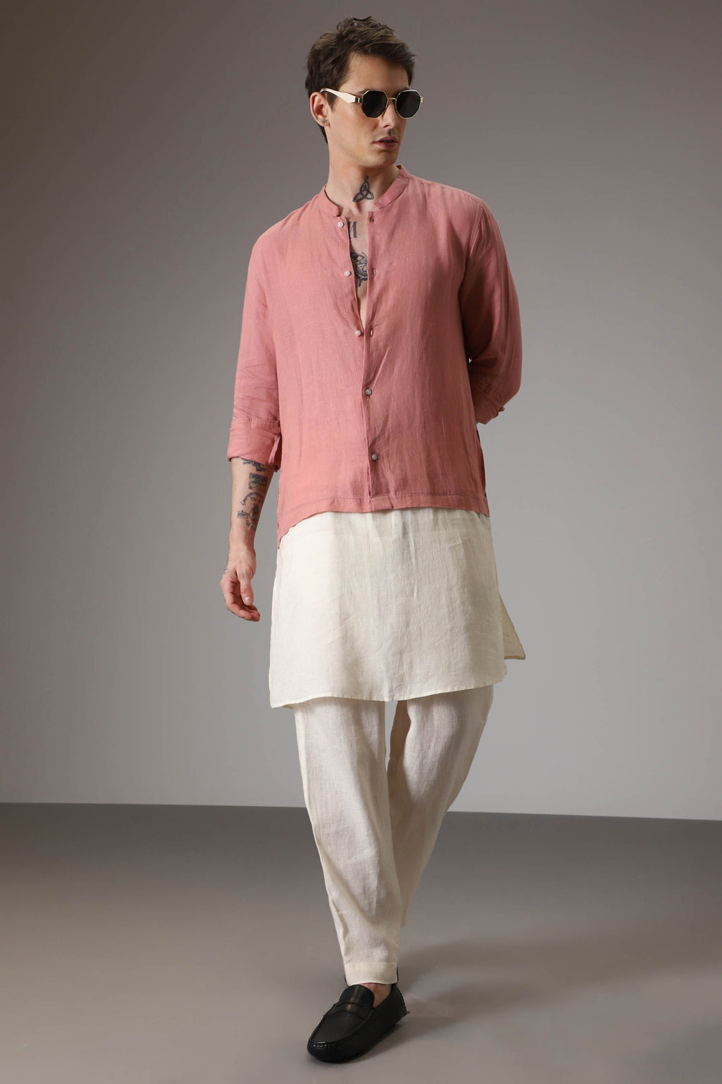 Salmon pink and ivory designer linen kurta