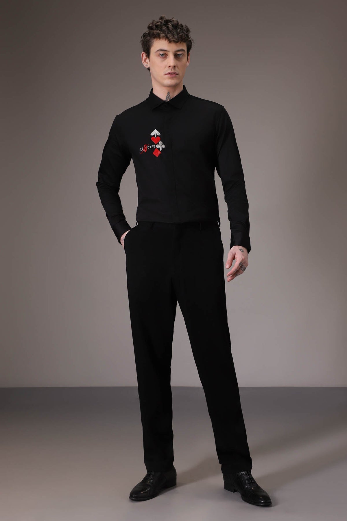 Stacked Deck hand embroidered designer shirt - Black