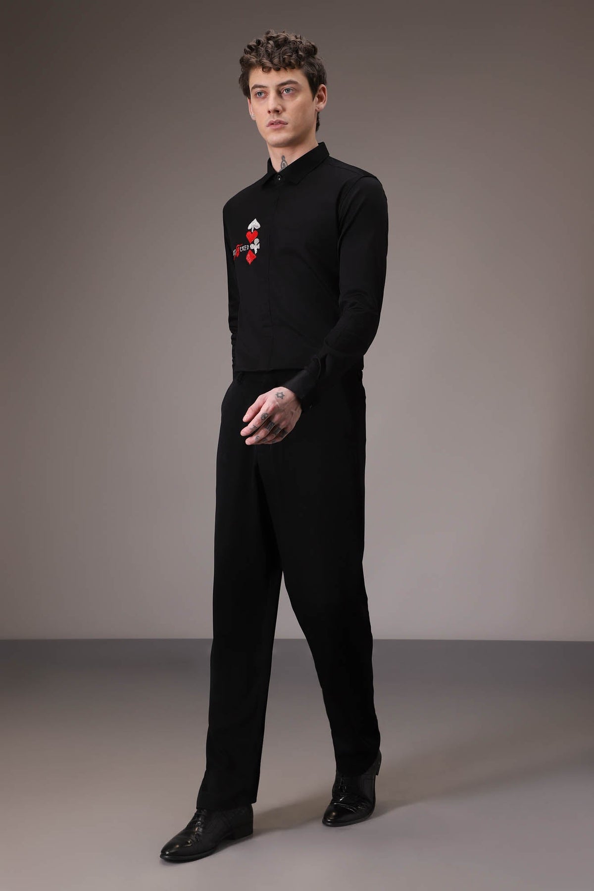 Stacked Deck hand embroidered designer shirt - Black