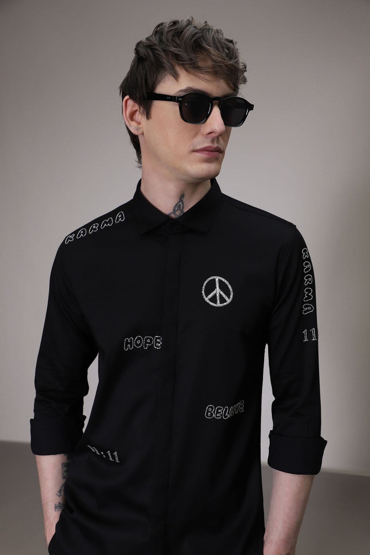 Karma hand embroidered designer shirt - Black