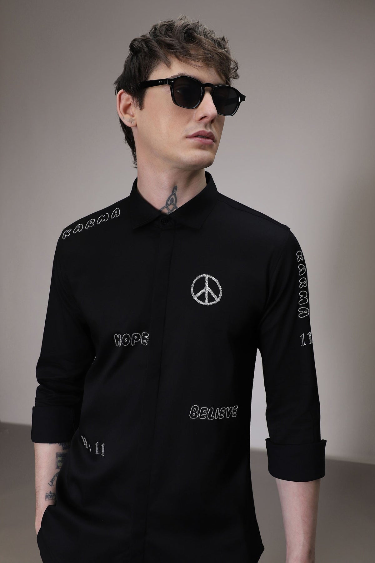 Karma hand embroidered designer shirt - Black