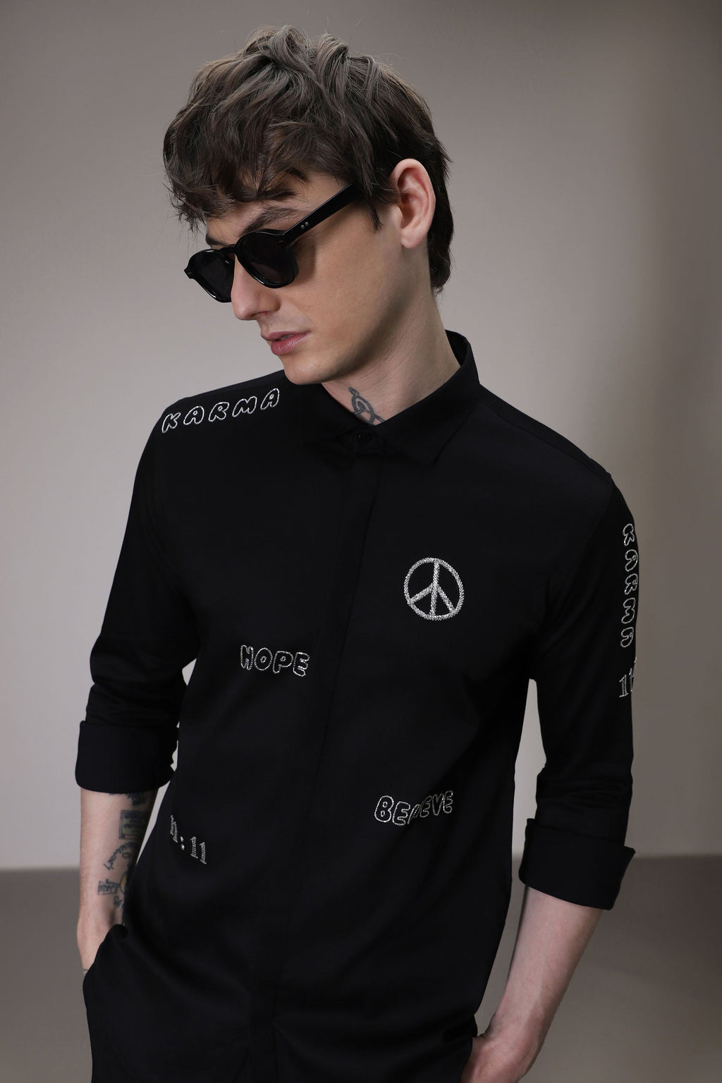 Karma hand embroidered designer shirt - Black