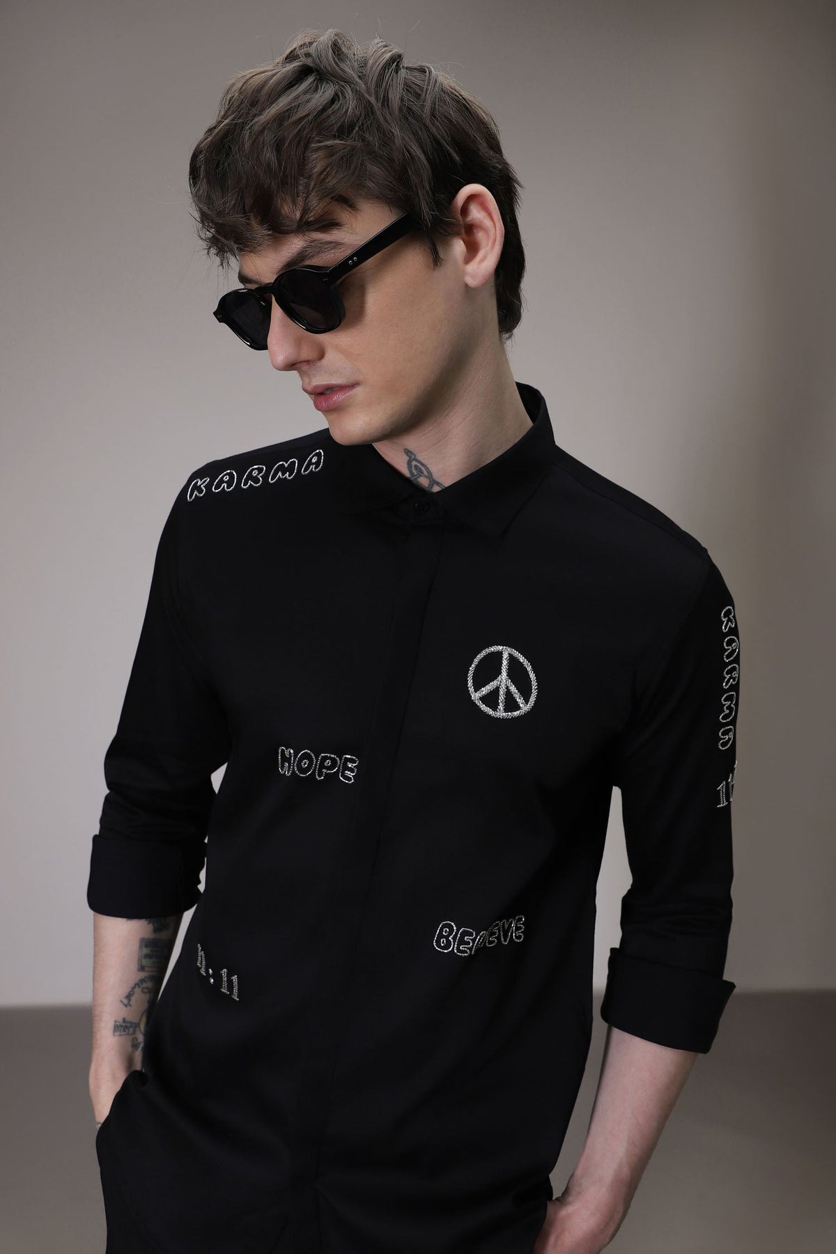 Karma hand embroidered designer shirt - Black