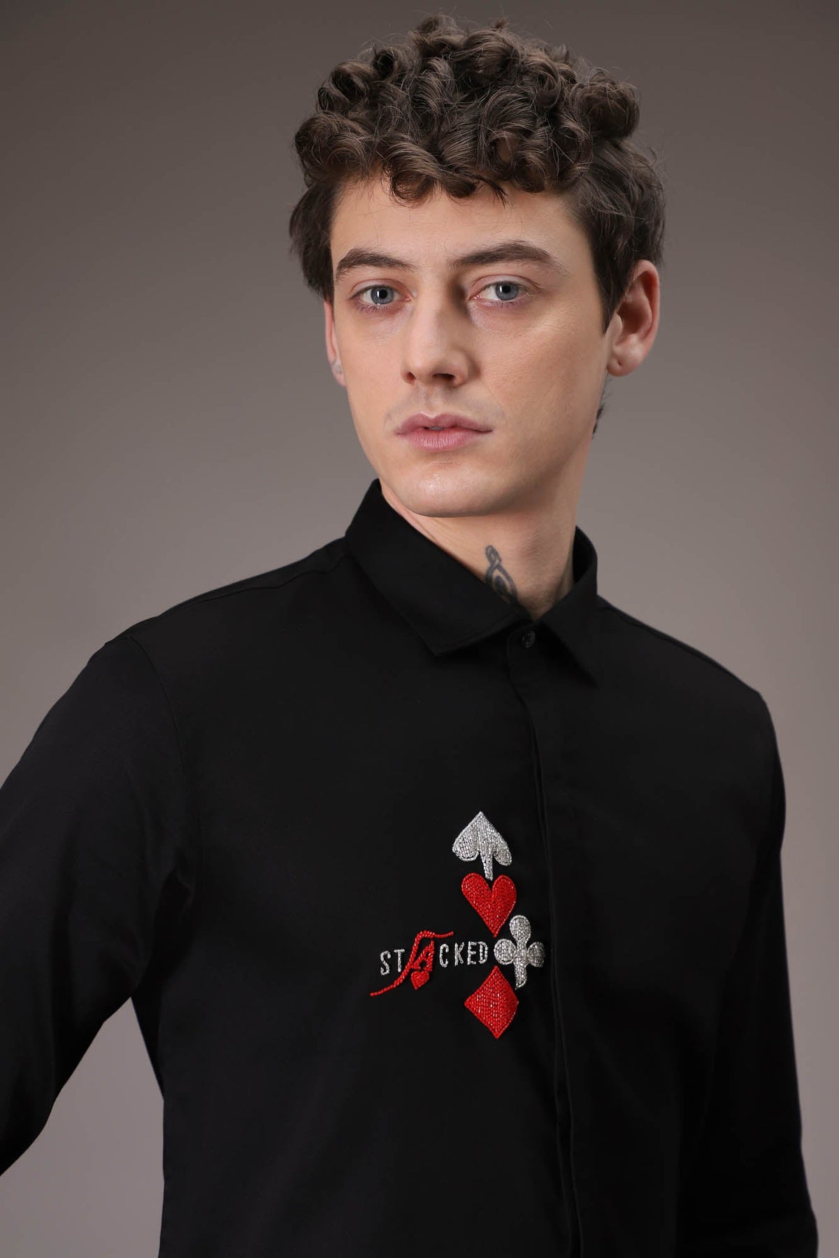 Stacked Deck hand embroidered designer shirt - Black