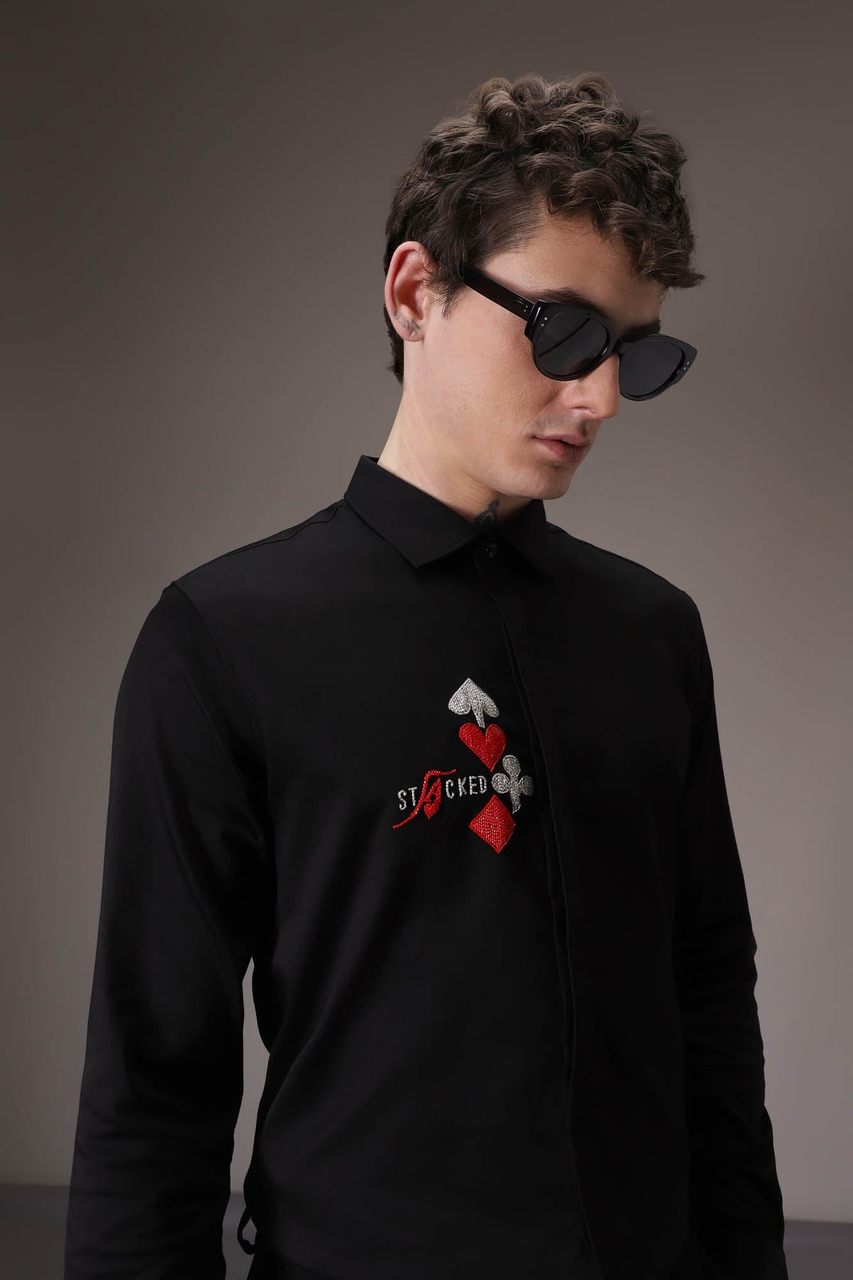 Stacked Deck hand embroidered designer shirt - Black