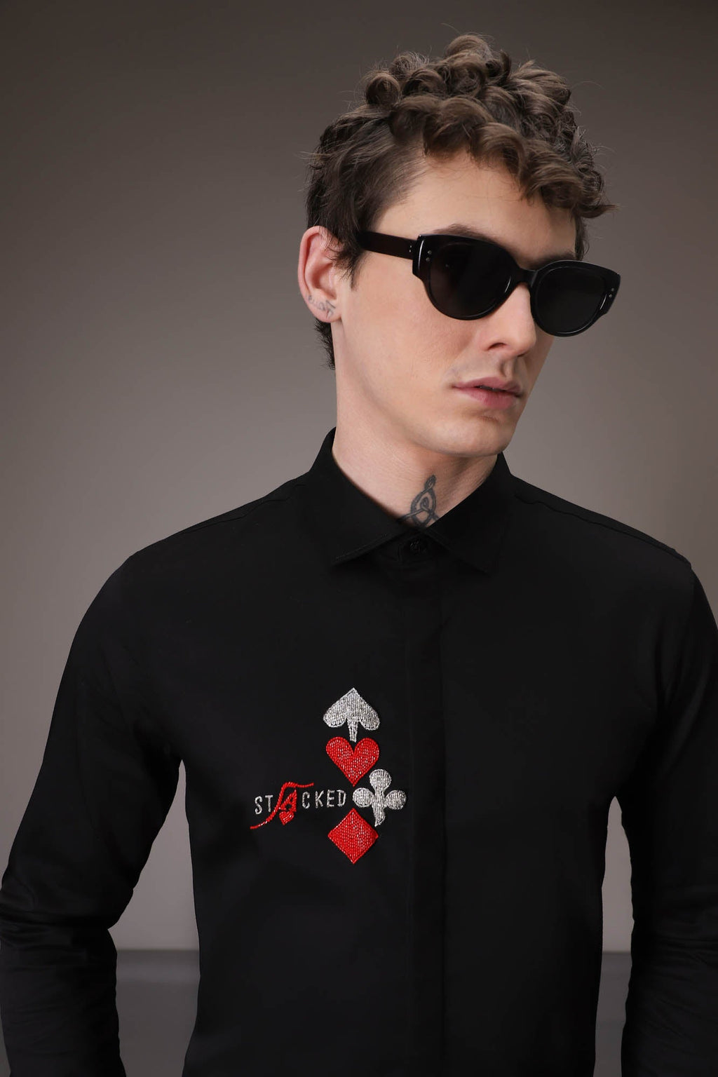 Stacked Deck hand embroidered designer shirt - Black