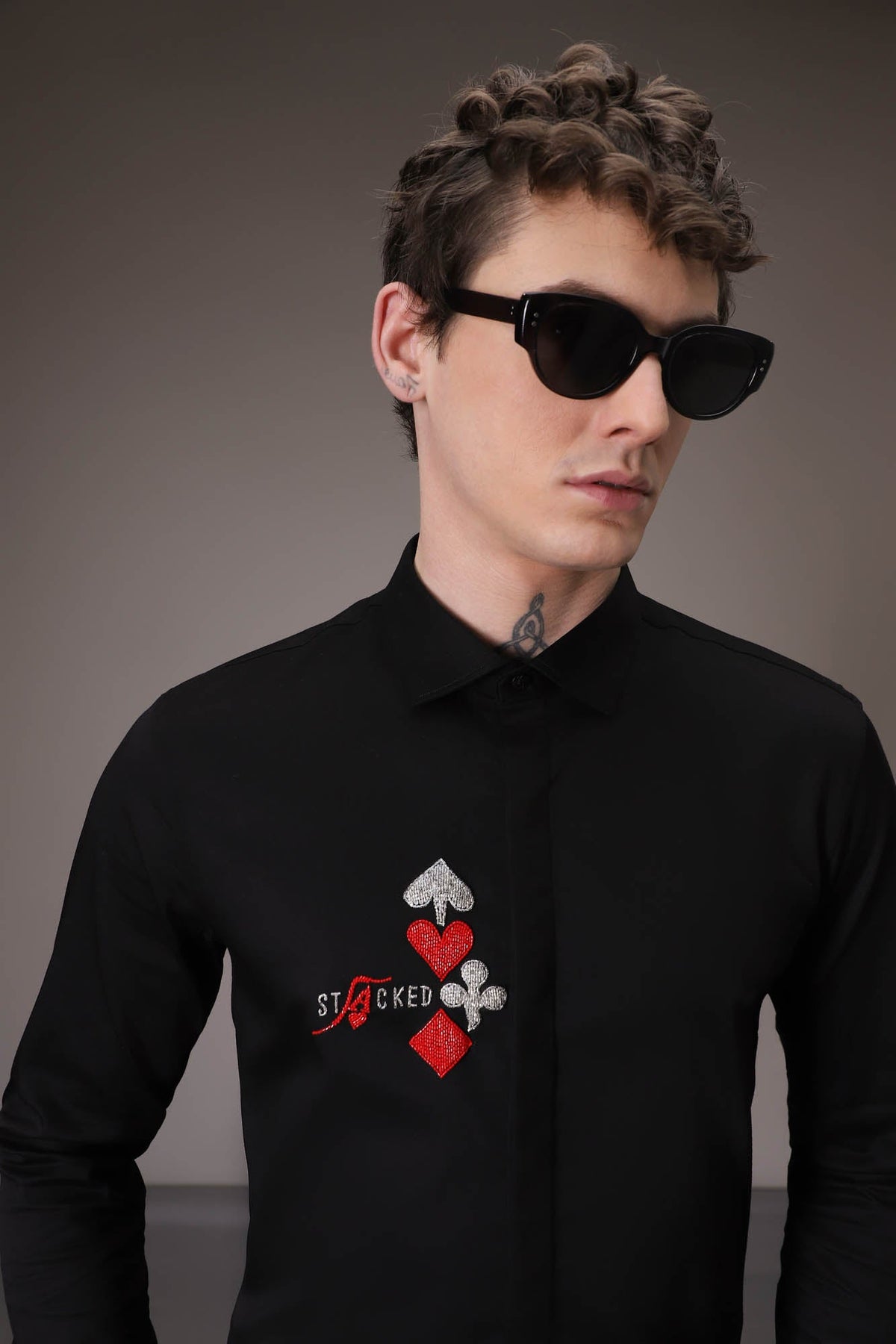 Stacked Deck hand embroidered designer shirt - Black
