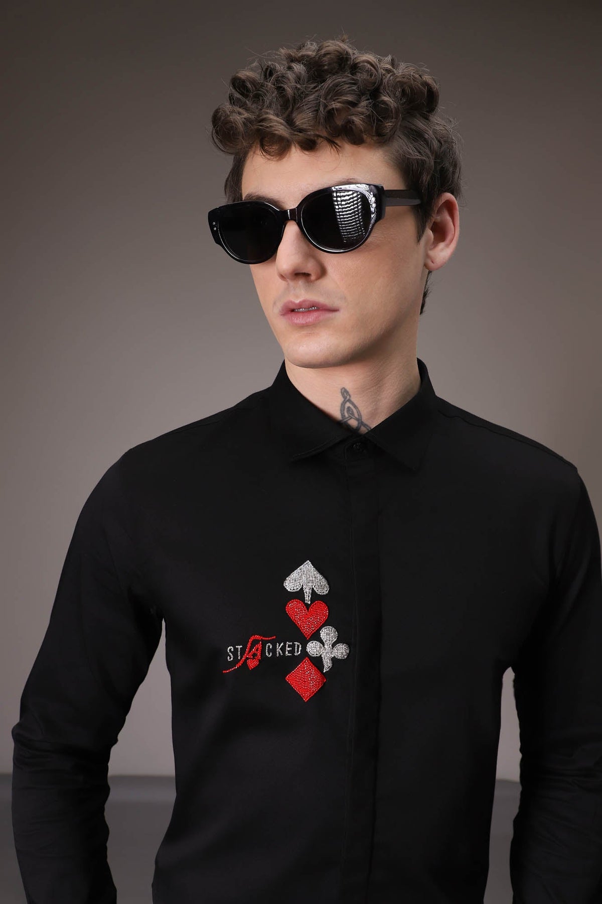 Stacked Deck hand embroidered designer shirt - Black