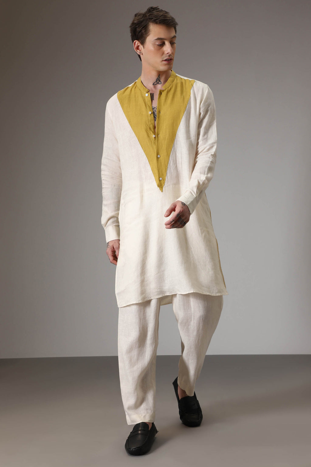 Mustard and ivory linen designer kurta