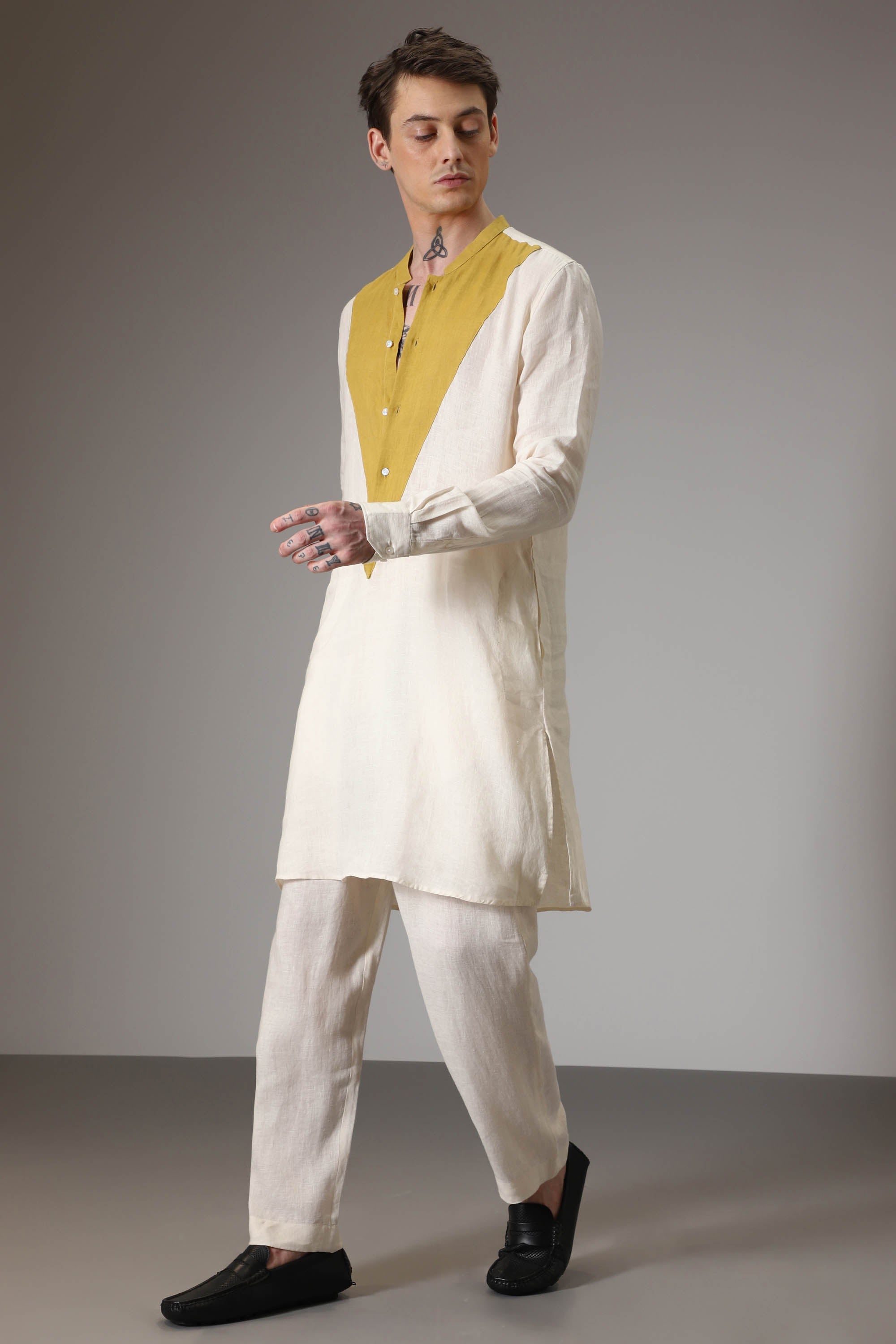 Mustard and ivory linen designer kurta