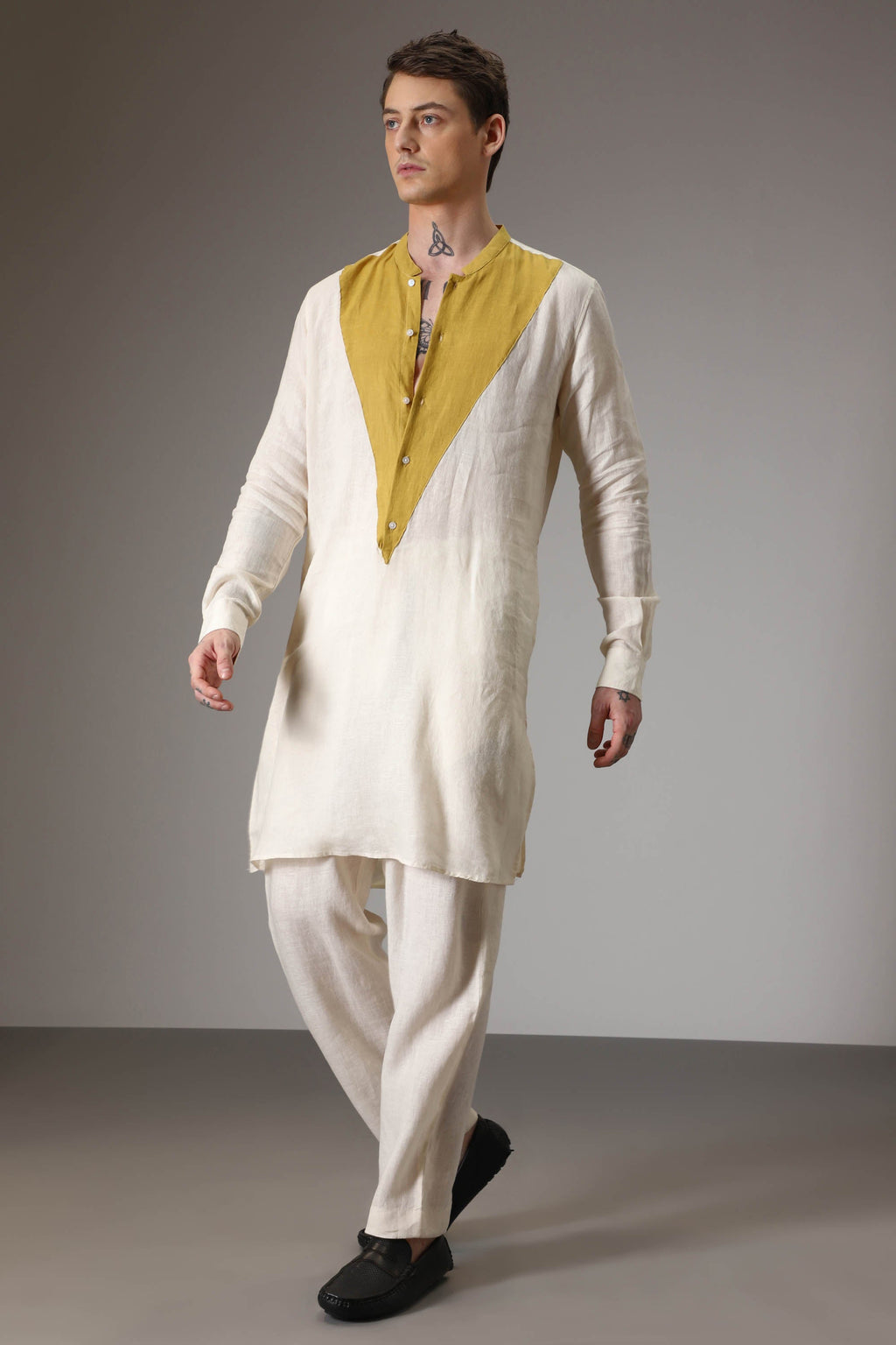 Mustard and ivory linen designer kurta