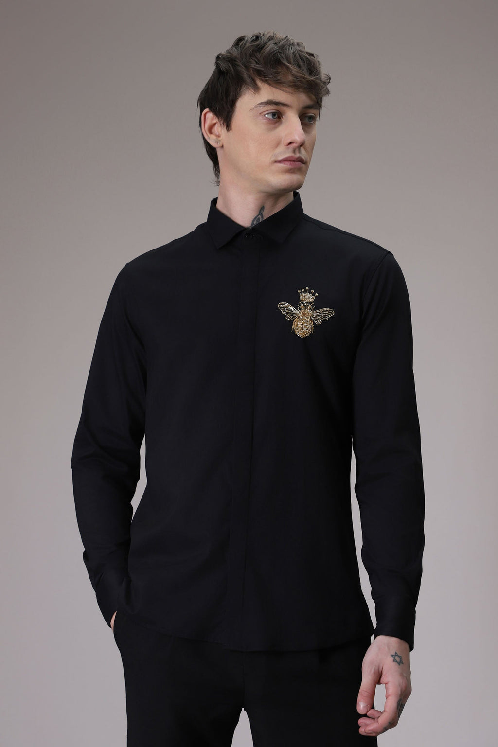Queen Bee - hand embroidered designer shirt - Black